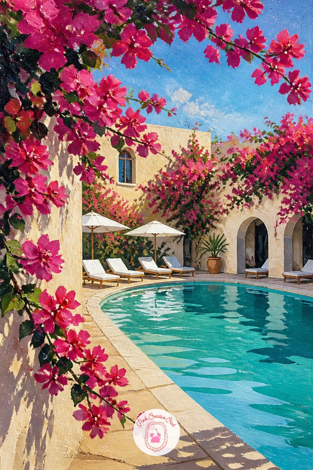Bougainvillea Around a Hotel Pool — Widen the view now for a hotel pool framed by bougainvillea, a scene built around a strong eye level right at the water's