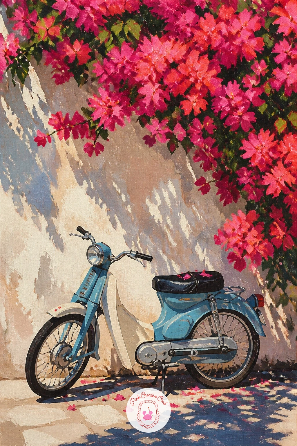 Moped Parked Under Bougainvillea — Give the eye a human object to land on with a moped parked against a flower-covered wall, leaning on its stand in dappled