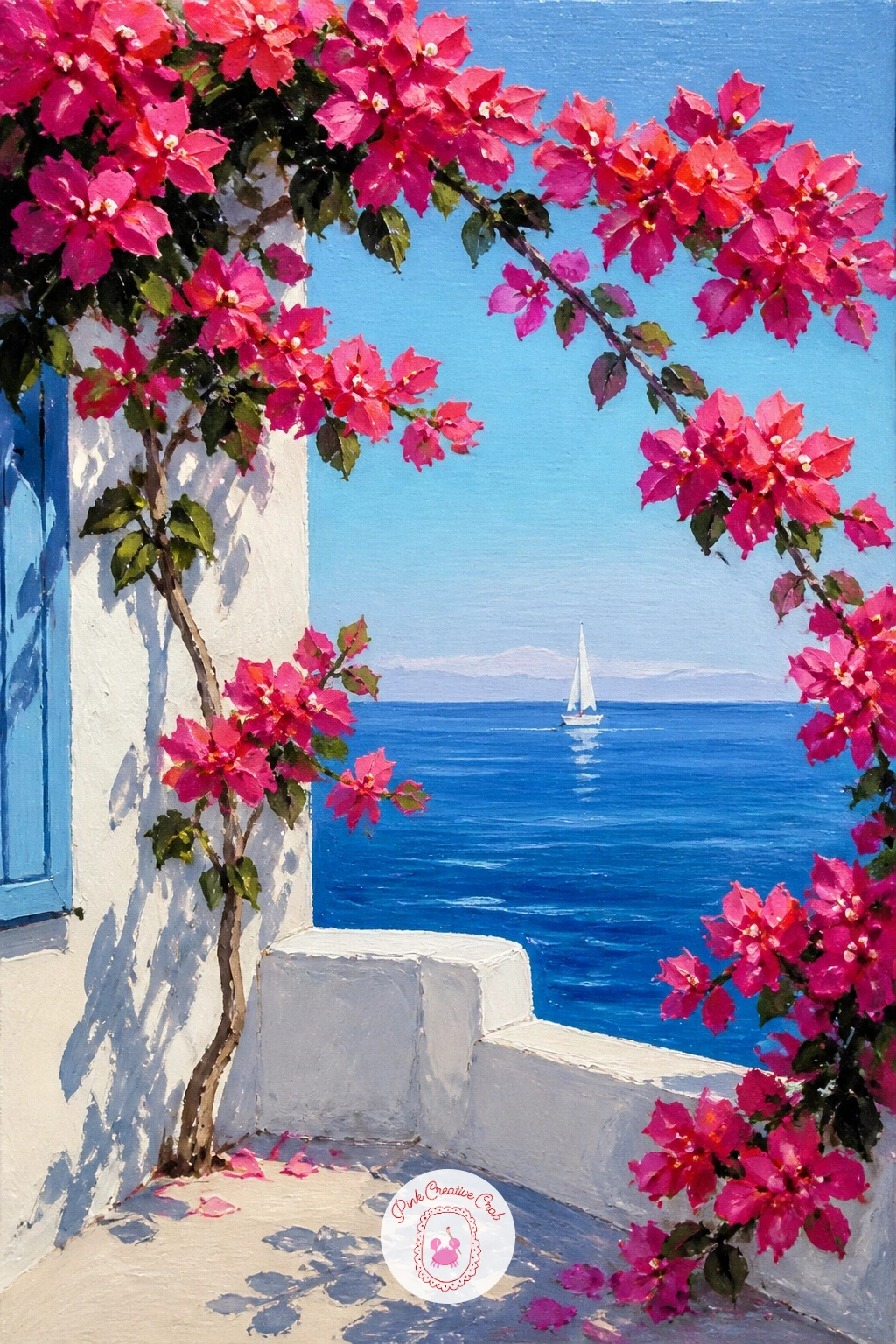 Bougainvillea Framing a Sea View — Turn a bougainvillea branch into a frame for this one, with flowers crowding the top and sides of the canvas around an open