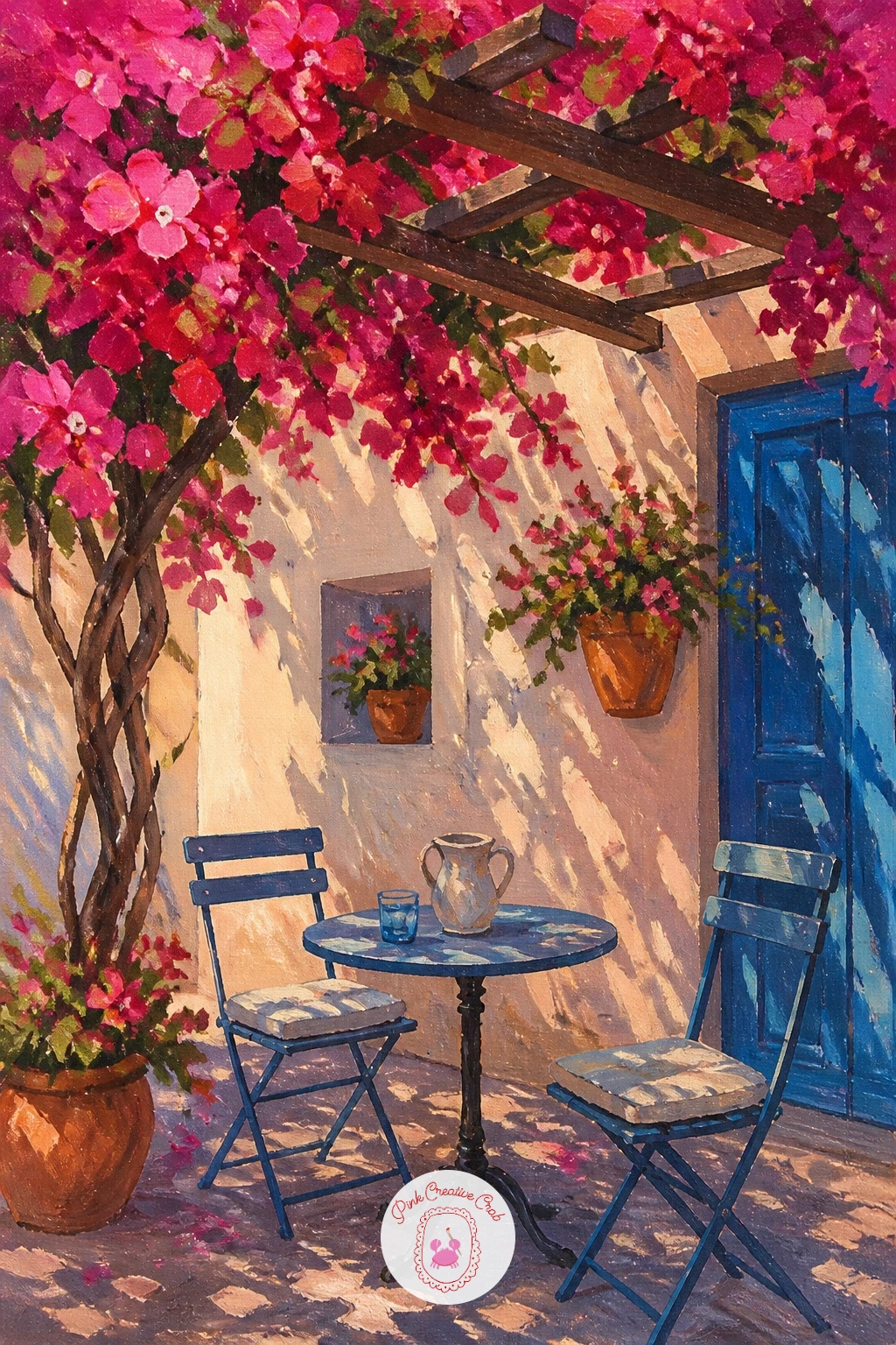 Cafe Table Under a Pergola — Settle into a cafe table under a bougainvillea pergola for a scene full of dappled light. Bougainvillea painting