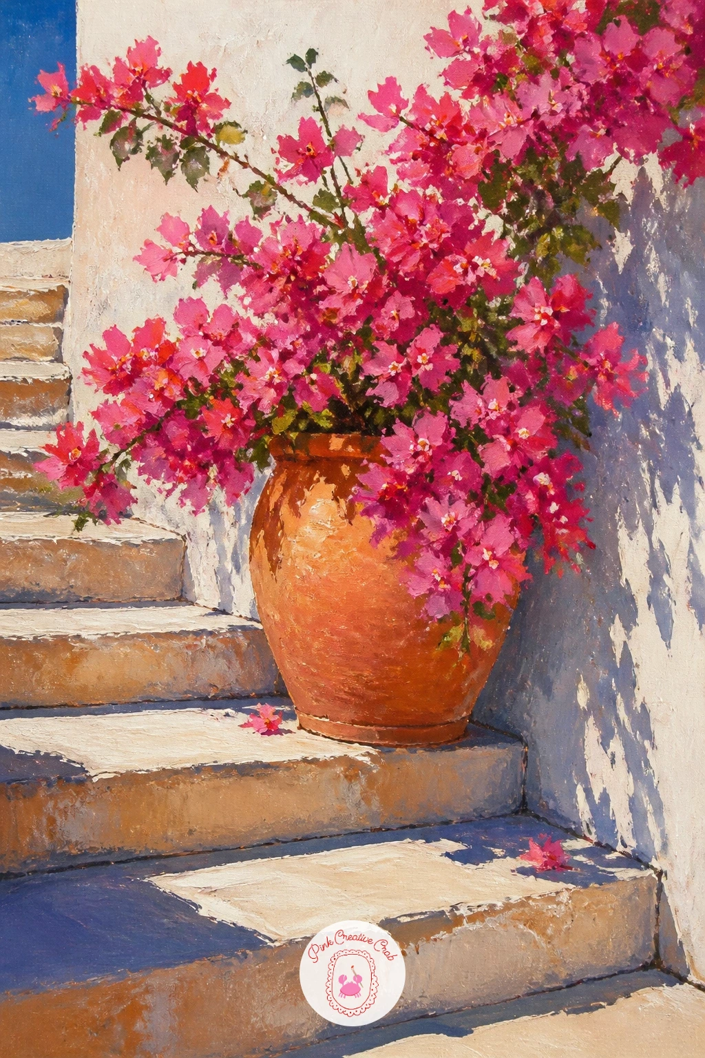Terracotta Pot on Steps — Bring the scale right down for a terracotta pot of bougainvillea sitting on sunlit stone steps, a simple still life you can finish