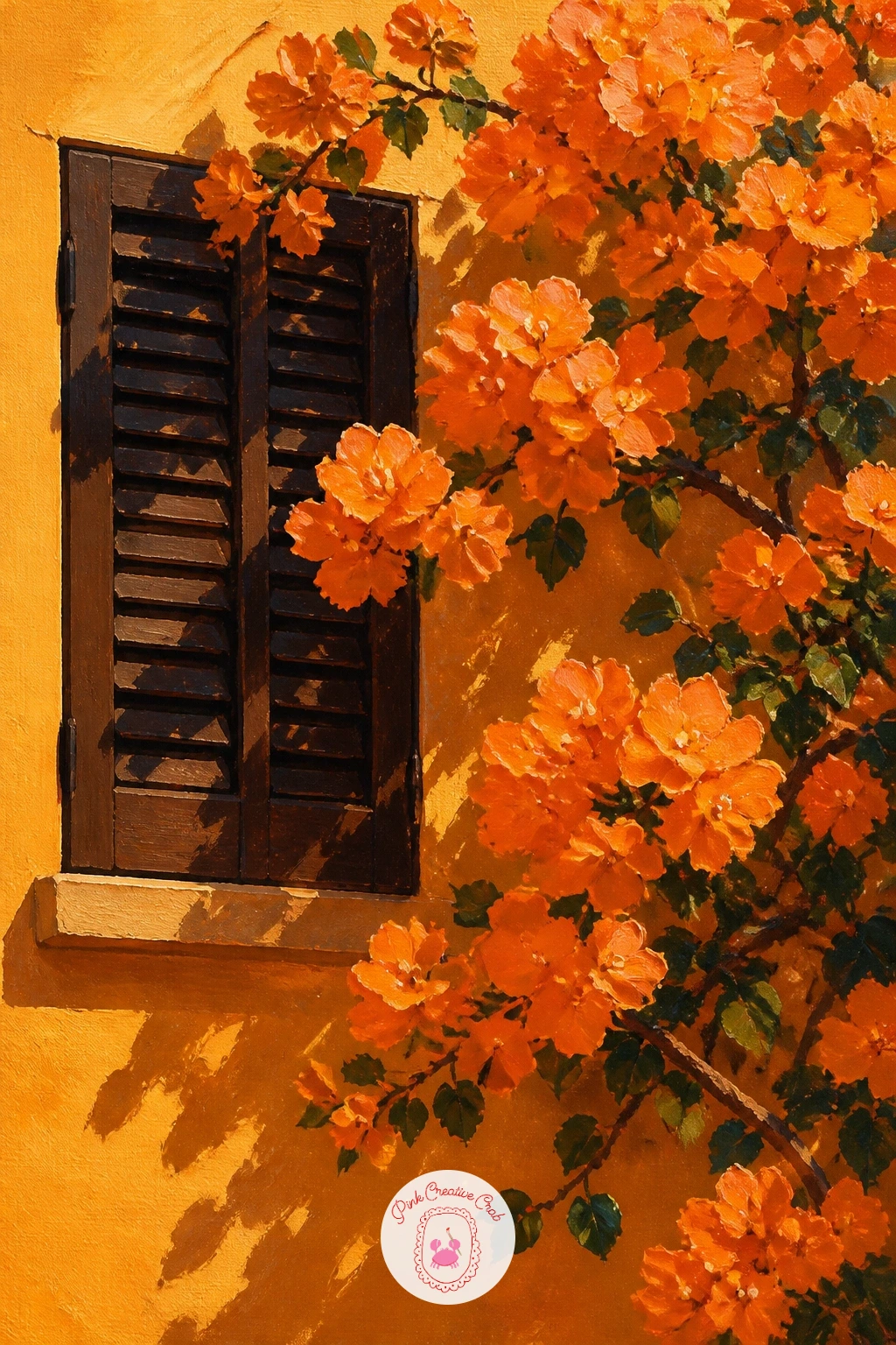 Orange Bougainvillea on a Hacienda — Switch the palette for this one, since orange bougainvillea against a warm hacienda wall calls for a whole different mood
