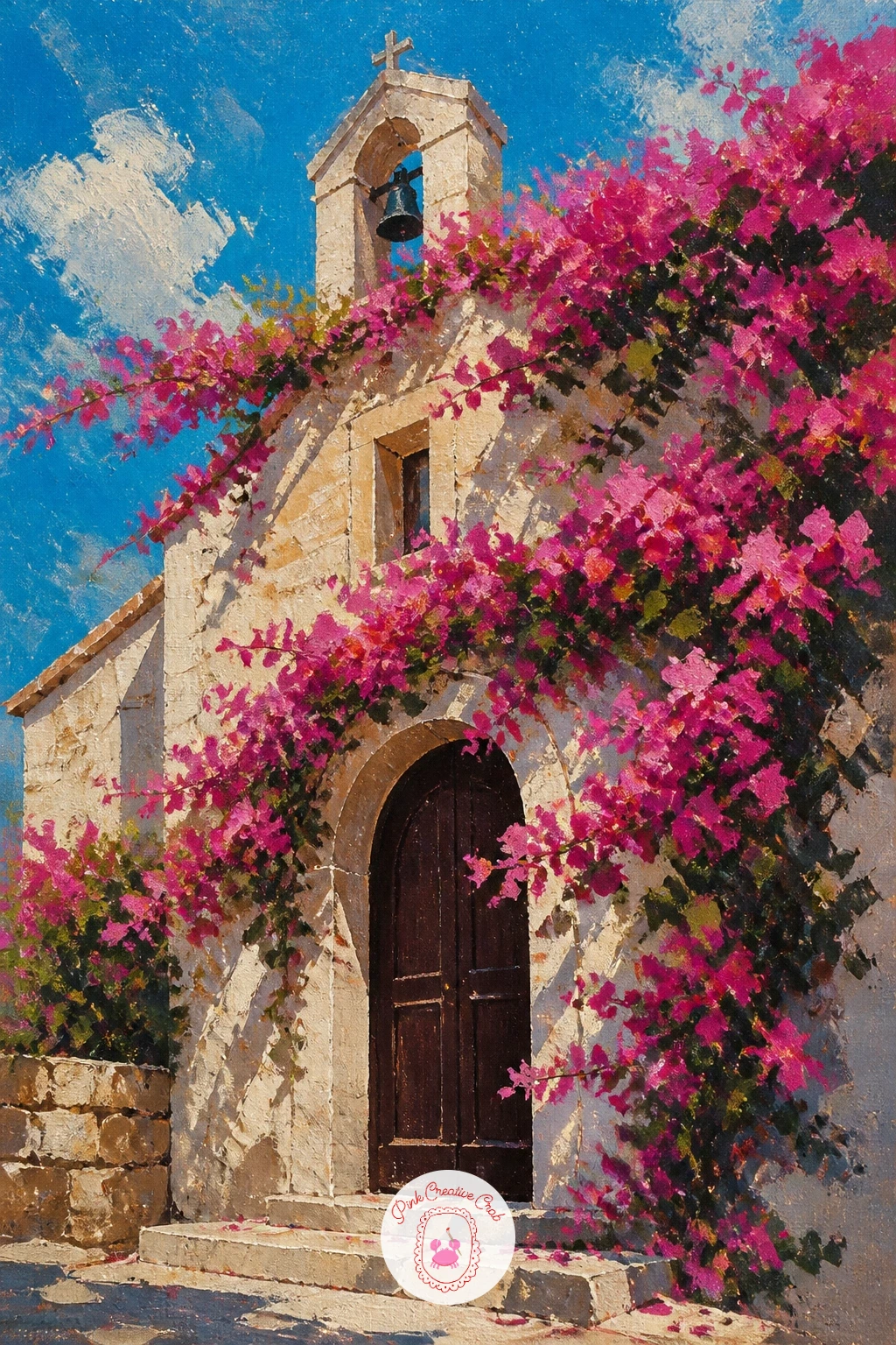 Bougainvillea Over a Stone Chapel — Give the composition some architecture now with bougainvillea trailing over the arched doorway of a small stone chapel.