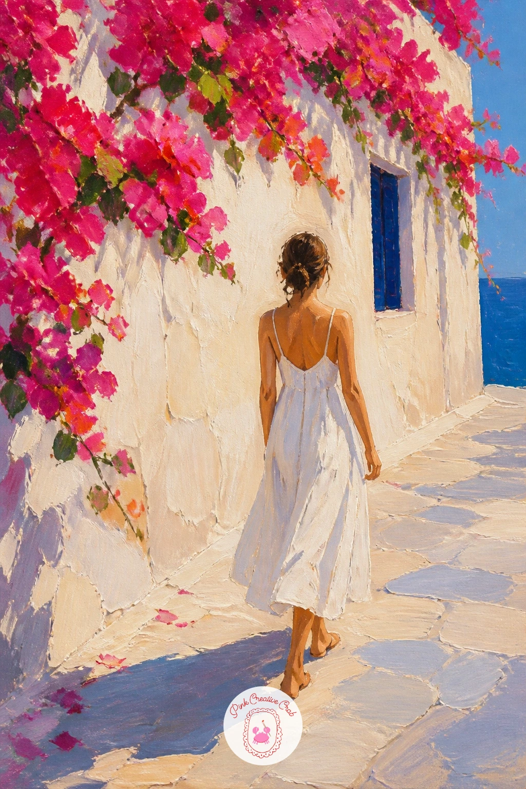 Girl in a White Dress Walking Past Bougainvillea — Add a figure for movement here, a girl in a white dress walking past a flower-covered wall with her back to