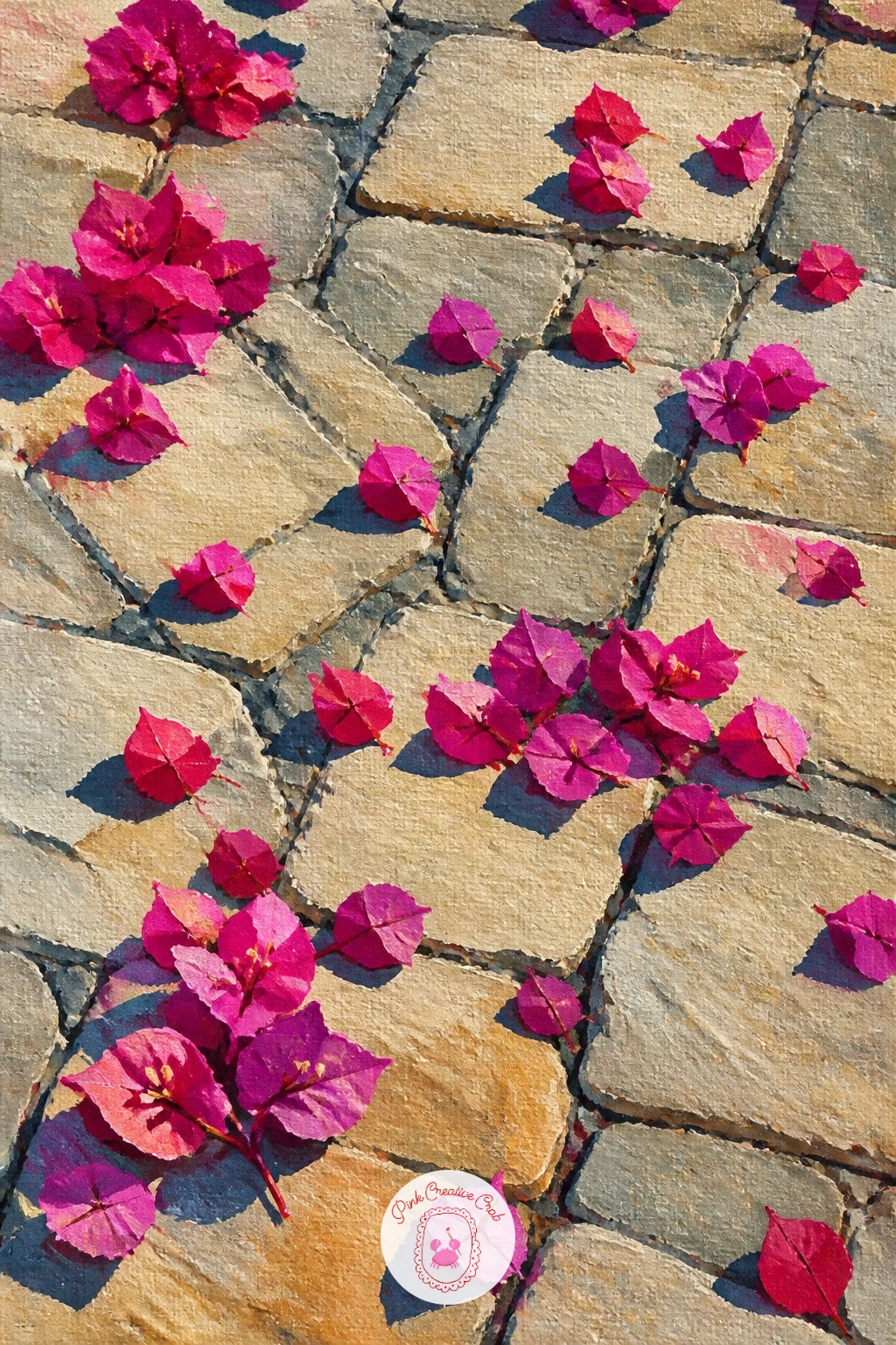 Bougainvillea Petals on Cobblestones — Bring the focus right down to the ground for fallen bougainvillea petals scattered across old cobblestones.