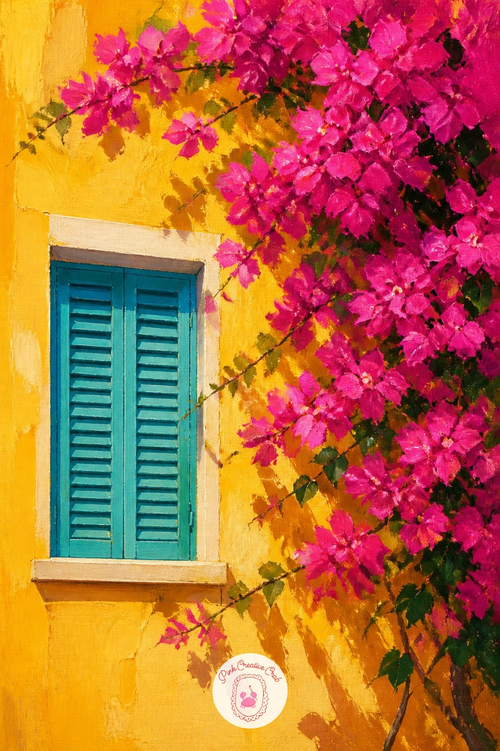 Magenta Bougainvillea on a Yellow House — Follow the fallen petals back up to their source with a bright yellow house wall wearing a thick cascade of magenta