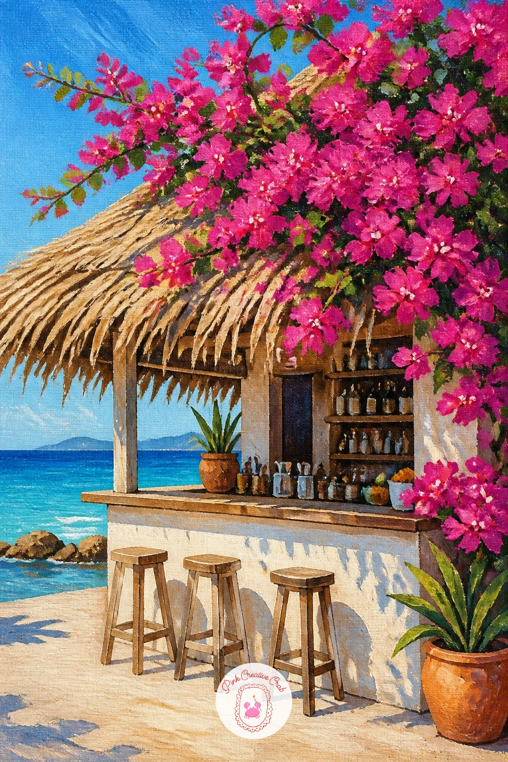 Bougainvillea Over a Beach Bar — Head to the sand now for a thatched beach bar with bougainvillea trailing along its roofline. Bougainvillea painting
