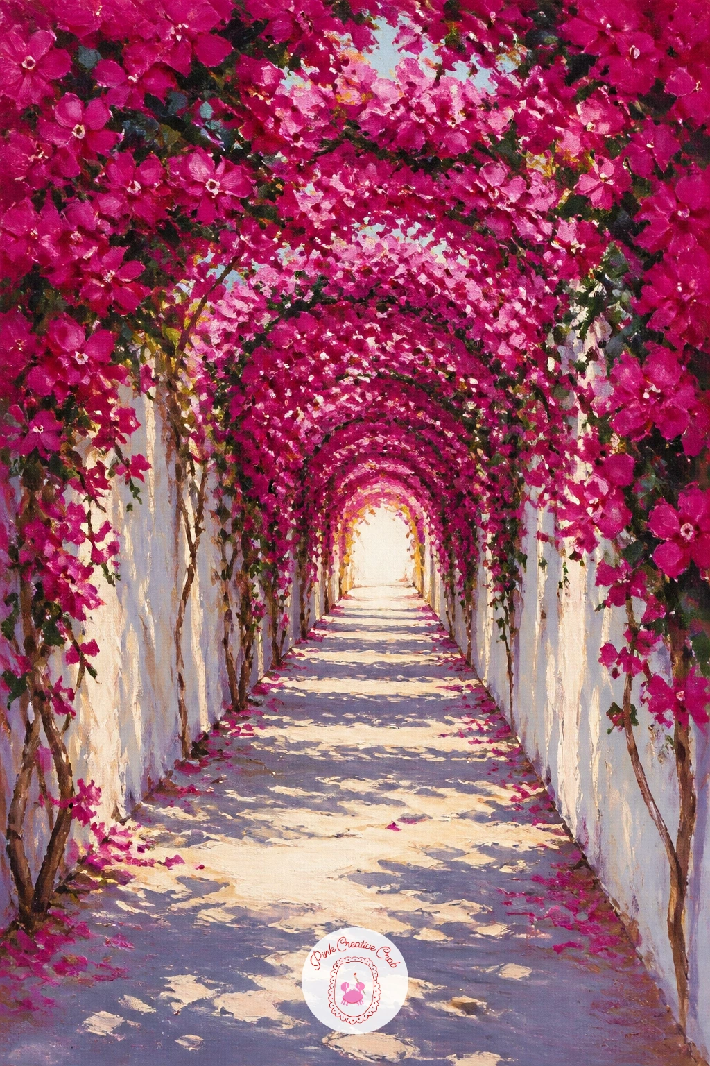 Bougainvillea Tunnel Walkway — Step into a full tunnel of bougainvillea next, a walkway completely arched over with flowers on both sides meeting overhead.
