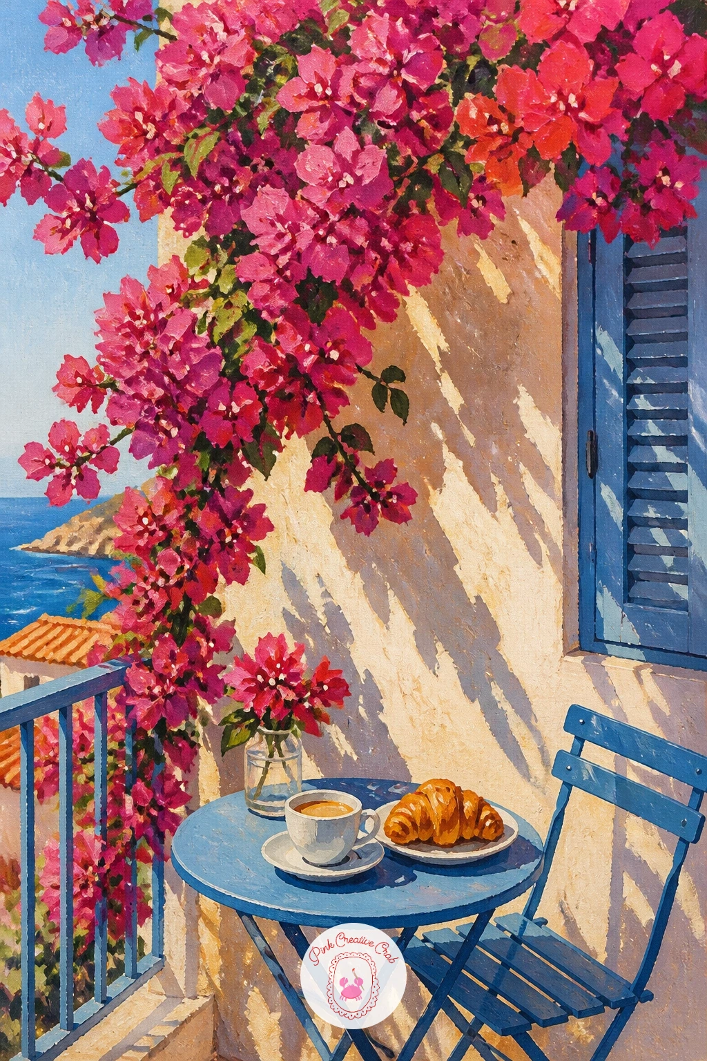 Breakfast on a Balcony With Bougainvillea — Settle in for breakfast now, a small balcony table set with coffee and pastries beside a wall of bougainvillea.