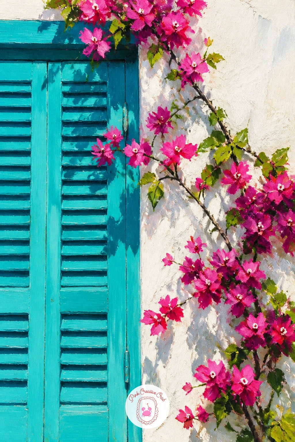 Bougainvillea Against a Turquoise Shutter — Pair the flowers against their boldest background yet, a turquoise shutter against whitewash with bougainvillea