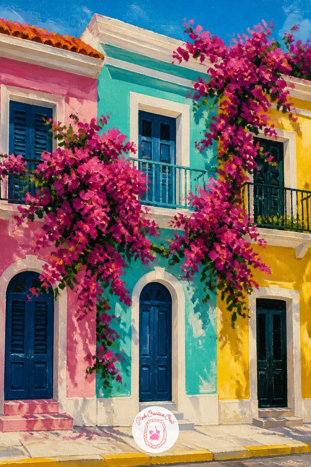 Bougainvillea in a Caribbean Town — Widen the scene for a whole street in a Caribbean town, houses painted in candy colors with bougainvillea tucked between
