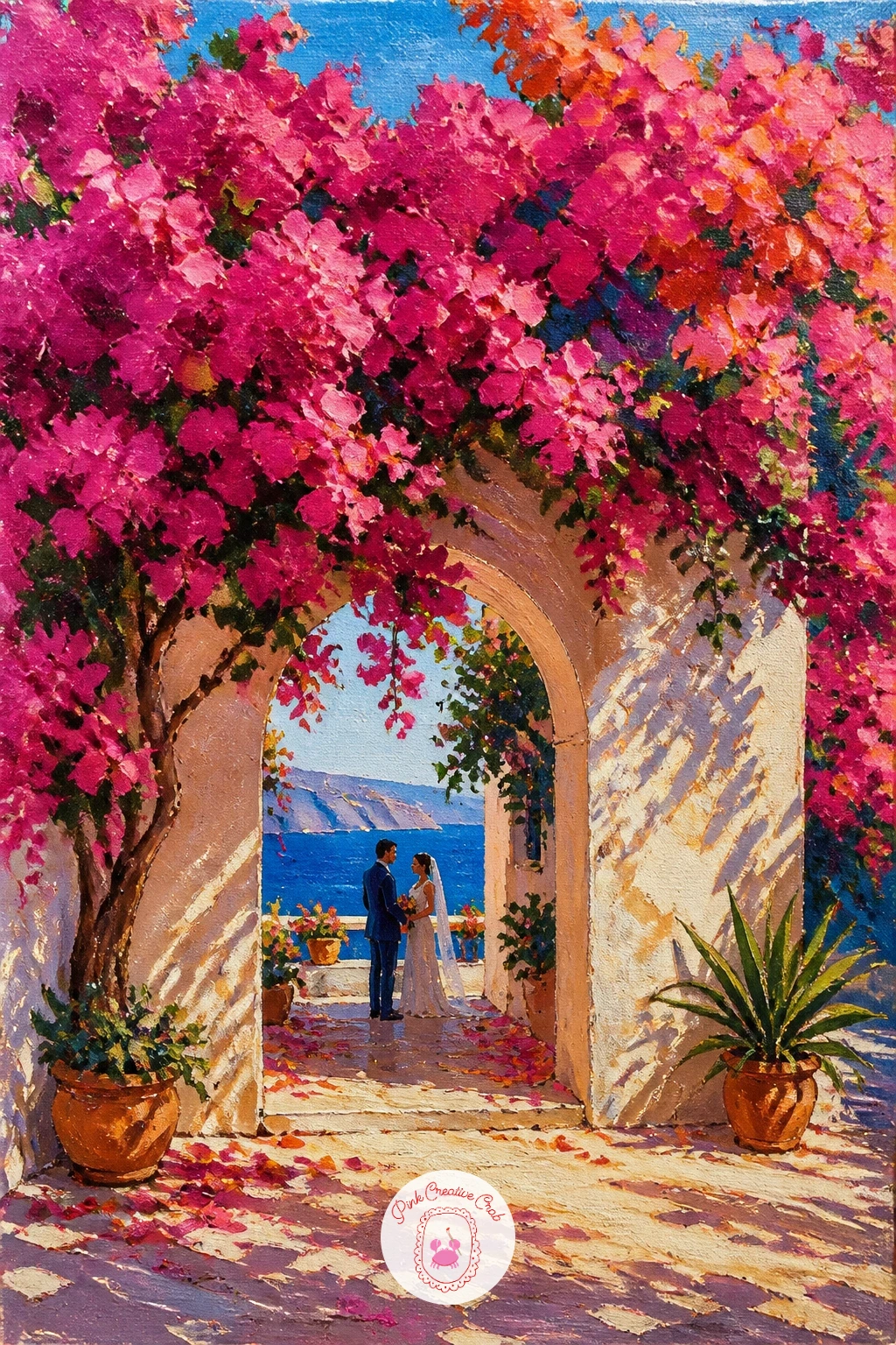 Wedding Under Bougainvillea — Bring people together for a wedding scene set beneath a bougainvillea-covered arch, a simple celebration composition with the