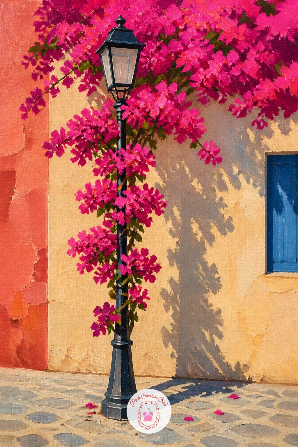 Bougainvillea Climbing a Lamp Post — Narrow the focus to a single street lamp wrapped in climbing bougainvillea, a tall vertical composition that suits a