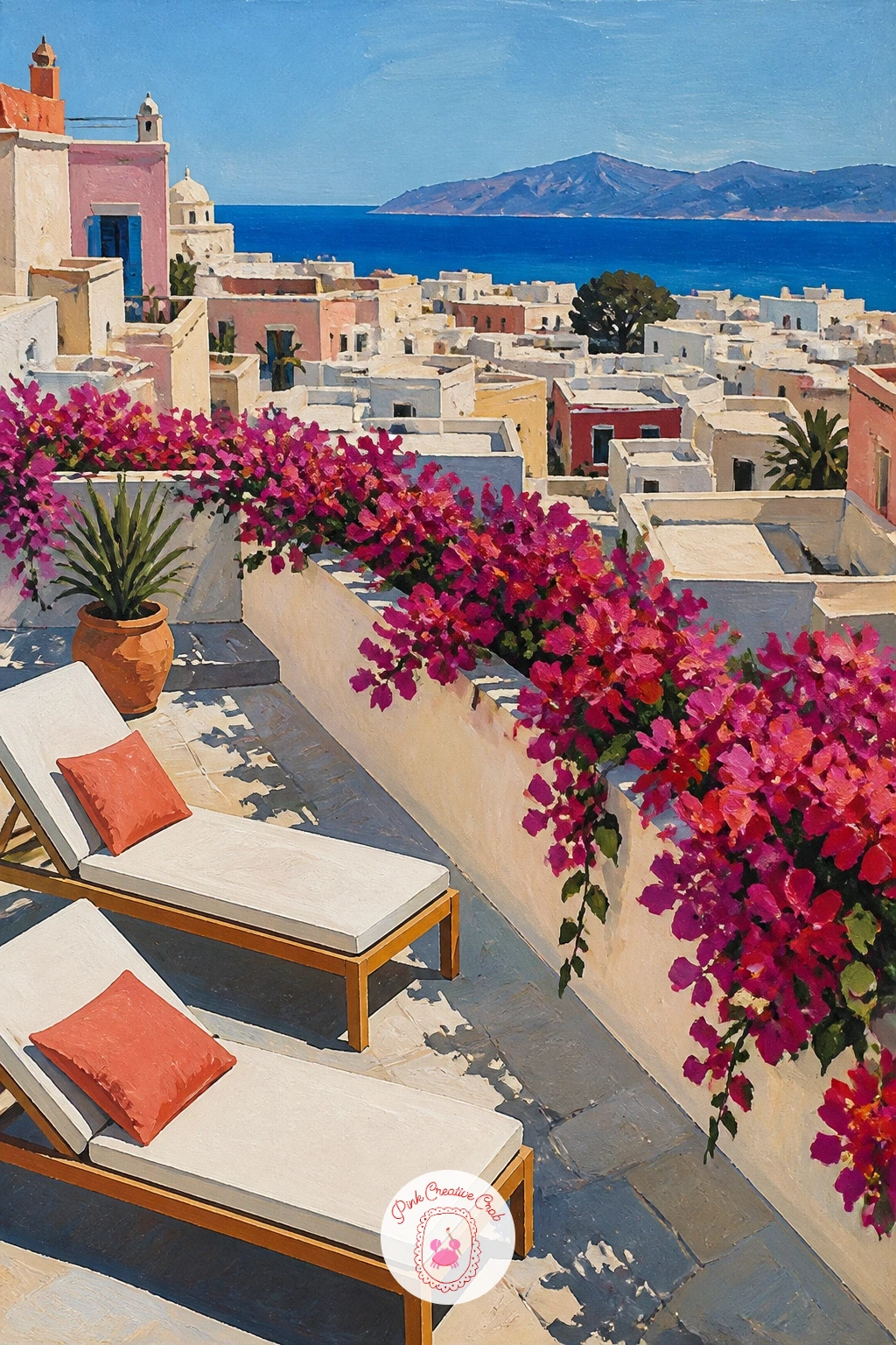 Rooftop Terrace With Sun Loungers — Climb all the way to the roof for a terrace scene with bougainvillea along the railing and sun loungers catching the light.