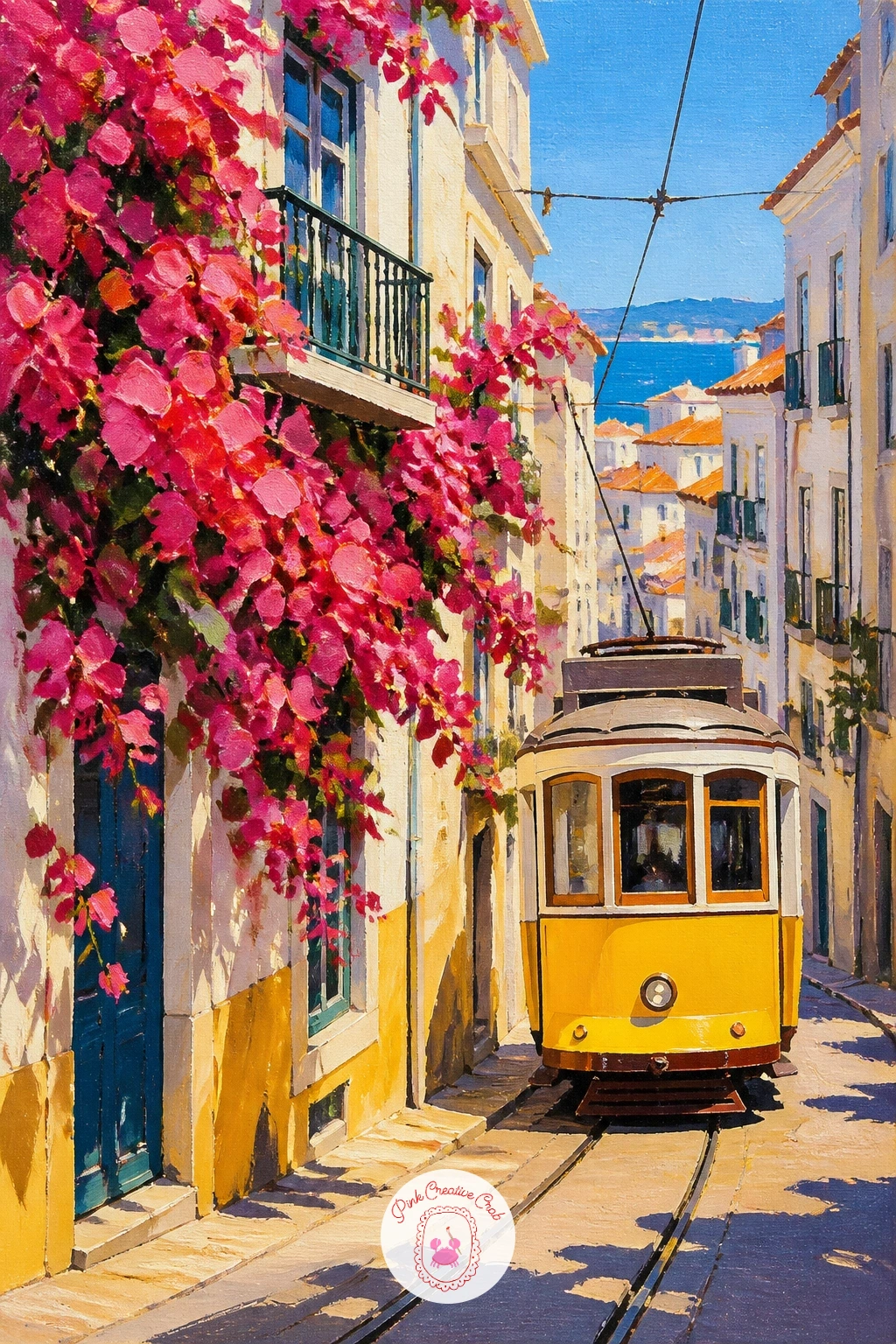 Bougainvillea on a Lisbon Tram Street — Head to Lisbon next for a yellow tram rattling down a narrow street lined with bougainvillea. Bougainvillea painting