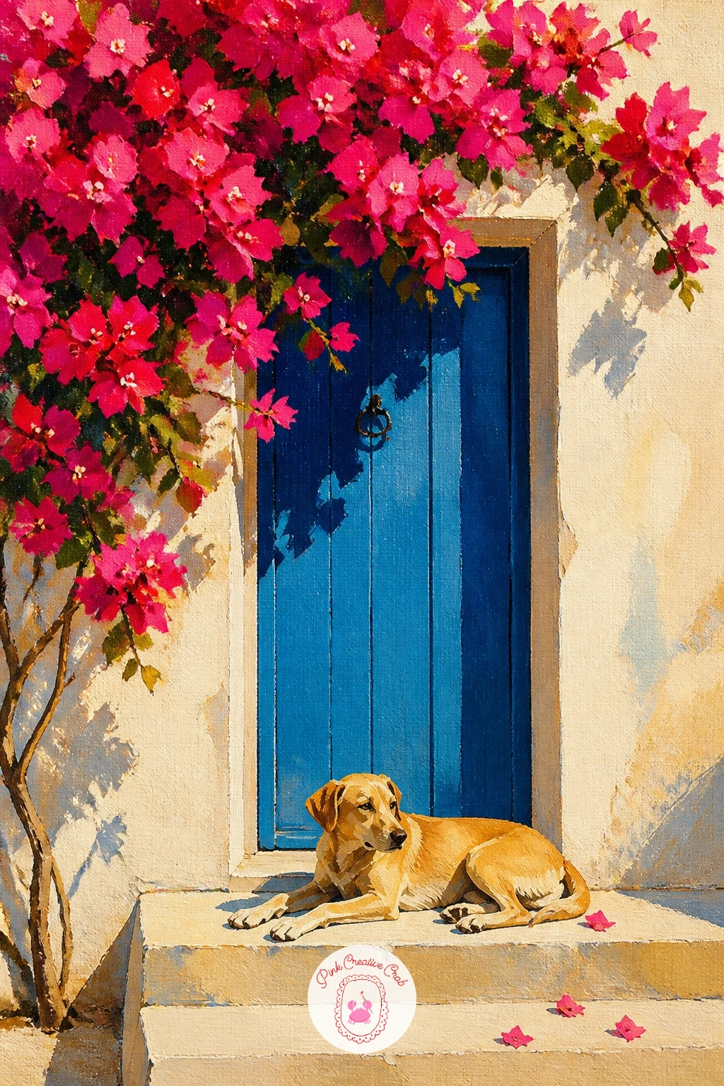 Dog on a Doorstep Under Bougainvillea — Return to a quiet moment with a dog resting on a doorstep beneath a bougainvillea-covered doorway. Bougainvillea