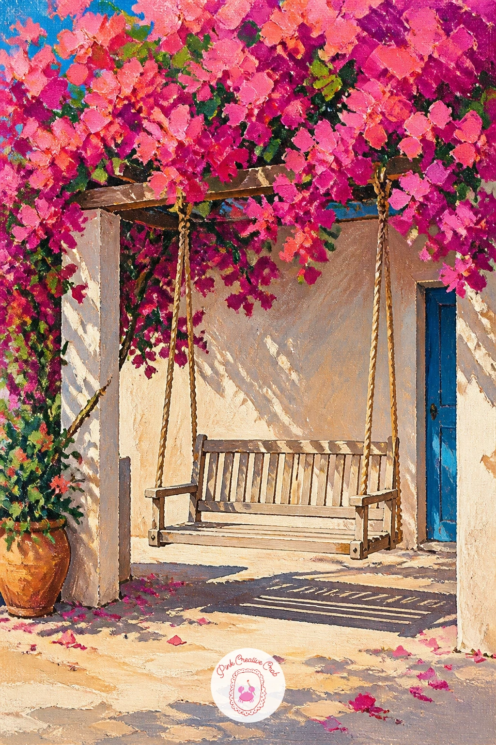 Garden Swing Under Bougainvillea — Slow the pace further with an empty garden swing hanging beneath a bougainvillea-covered arbor. Bougainvillea painting
