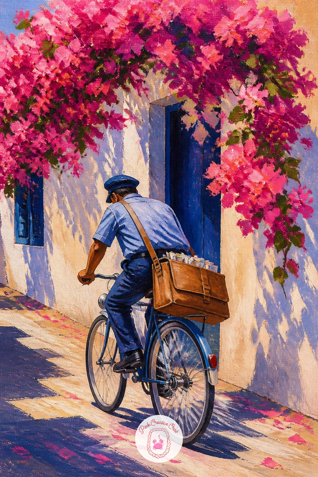 Postman Cycling Under Bougainvillea — Close the series with motion, a postman cycling down a street beneath arching bougainvillea. Bougainvillea painting