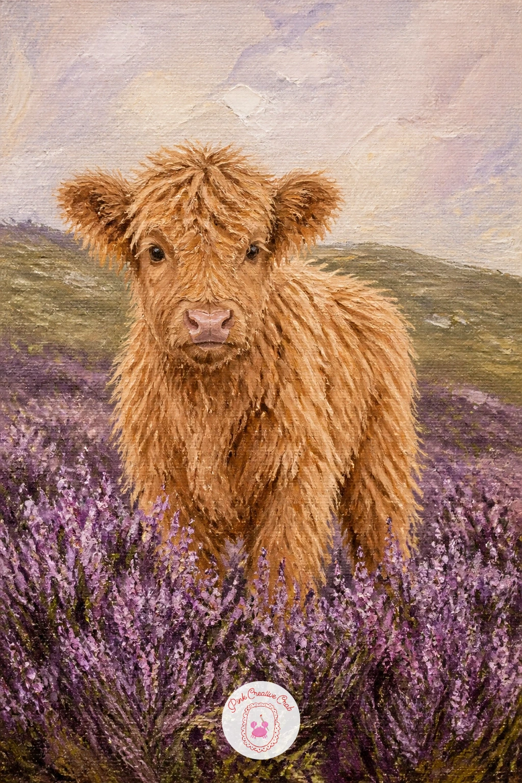 Highland Calf In Purple Heather — Keep the energy soft and gentle for a highland calf standing in purple heather, since calves have a rounder face and shorter