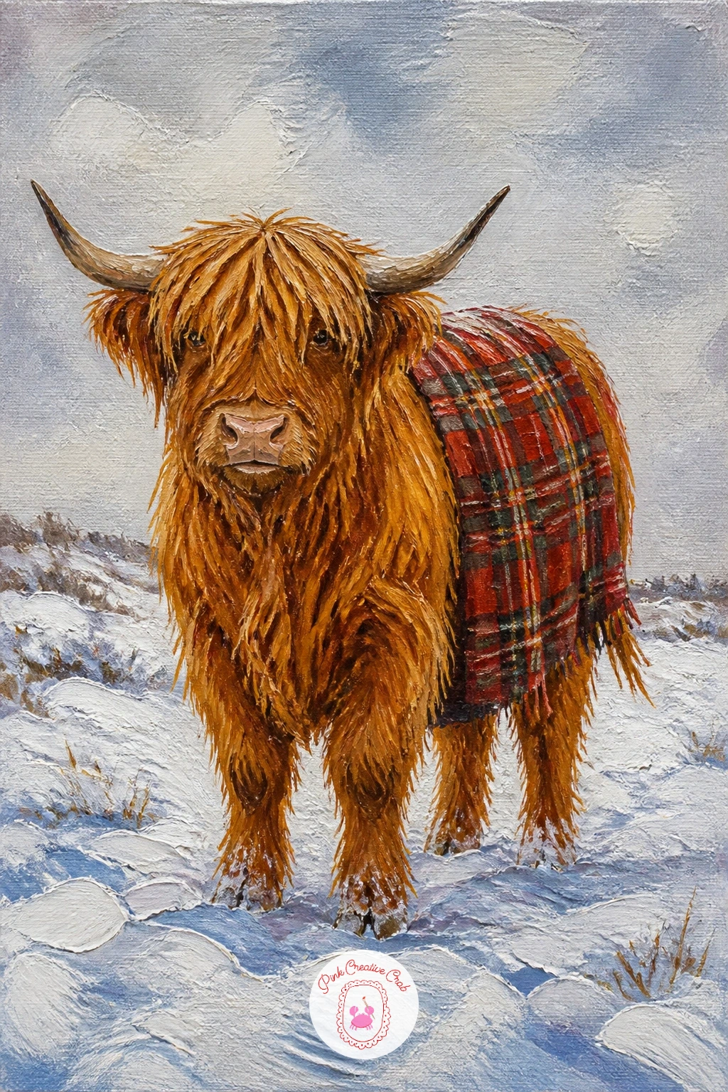 Highland Cow In Snow With Tartan Blanket — Snow scenes ask you to think about light direction before you pick up a brush, so decide now where your light comes