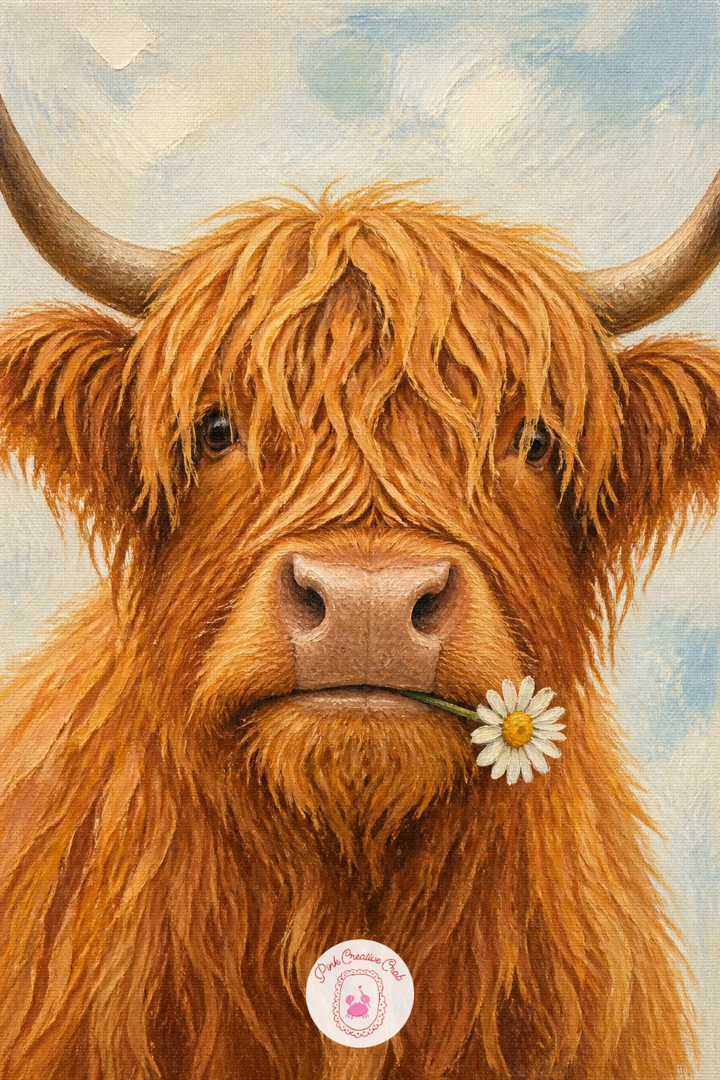Highland Cow Chewing A Daisy — Give your highland cow a little personality by having it chew on a single daisy, a small detail that does a lot of charm for