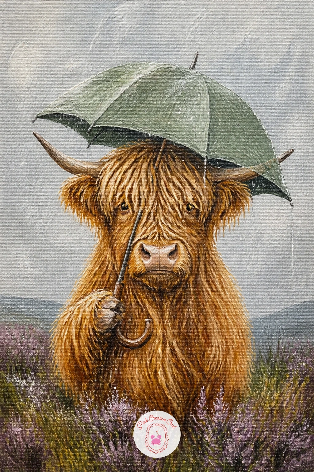 Highland Cow Under An Umbrella In The Rain — This is a fun, slightly whimsical one for anyone who loves a bit of storytelling in their farmhouse art: a