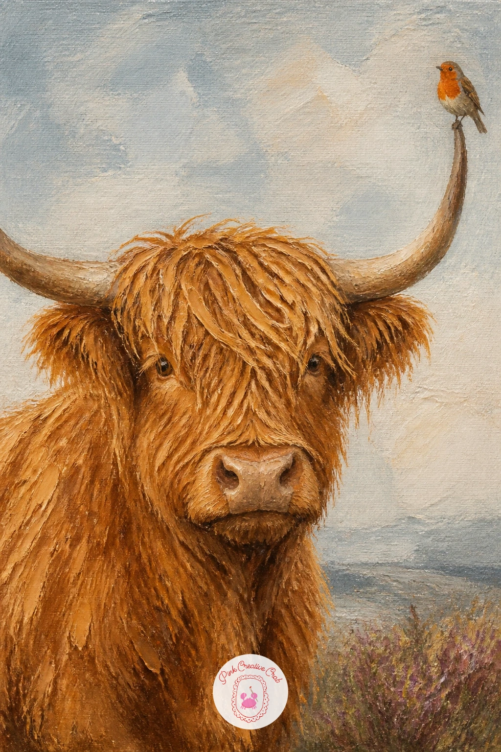 Highland Cow With A Robin On Its Horn — Perch comes before paint here: decide exactly where the robin will sit on the horn before you load your brush, since