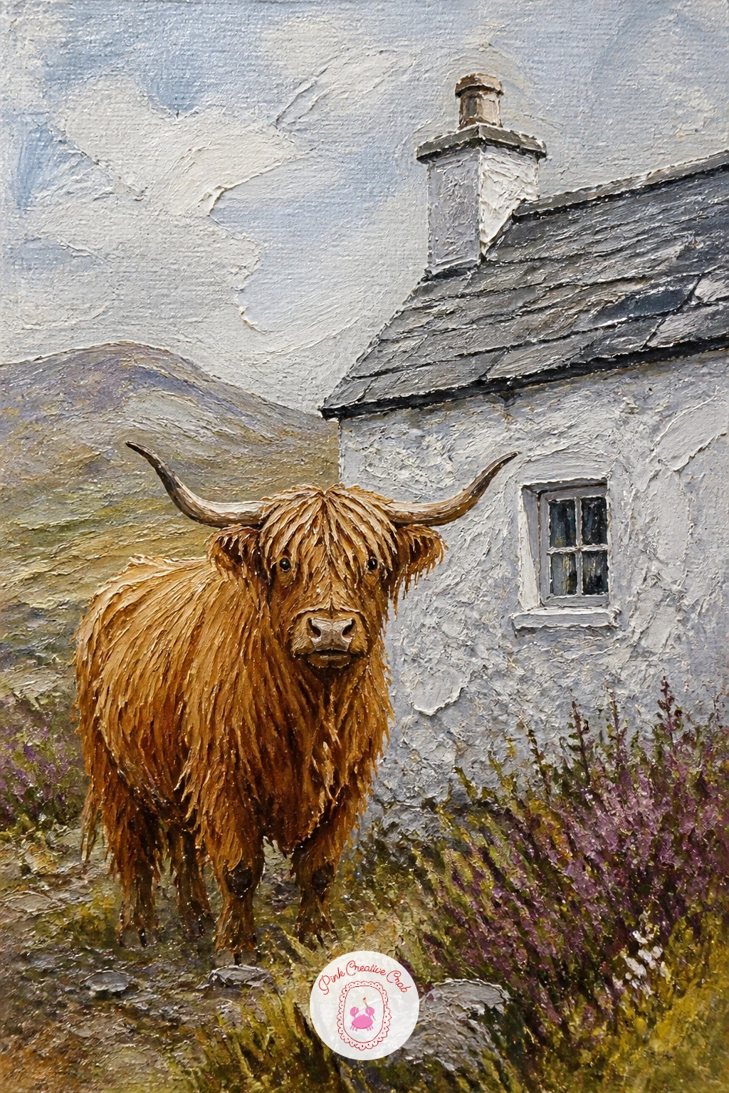 Highland Cow By A Whitewashed Cottage — Bring in a bit of Scottish architecture with a highland cow standing beside a whitewashed cottage, a lovely one for