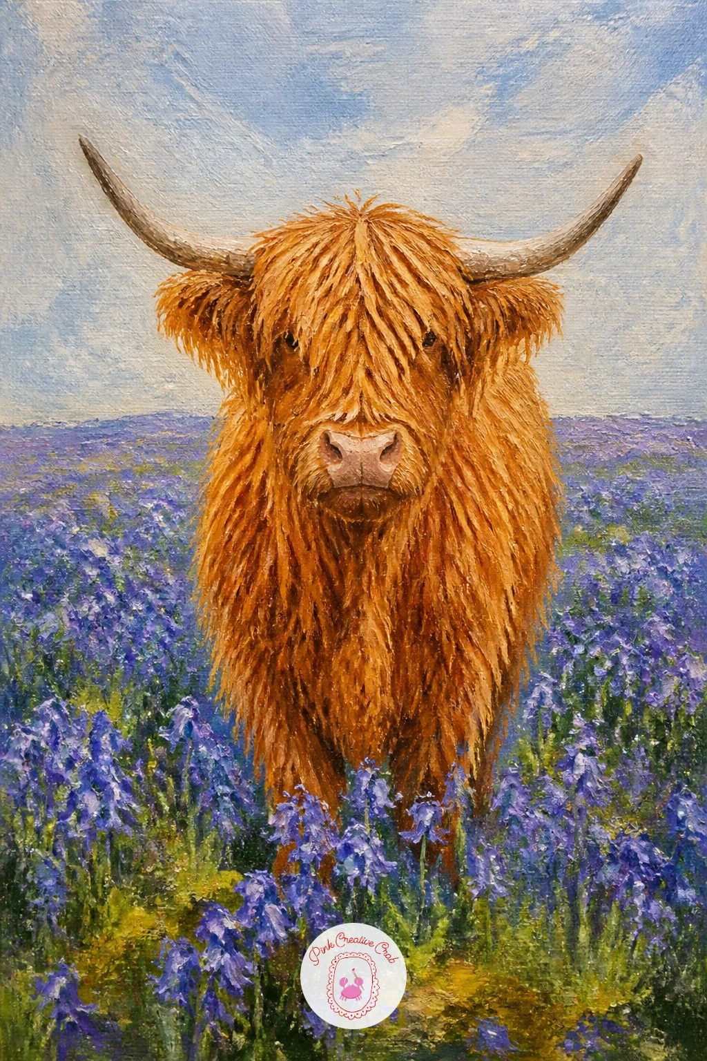 Highland Cow In A Field Of Bluebells — Color contrast carries this one: a highland cow in a field of bluebells works because warm ginger and cool blue violet