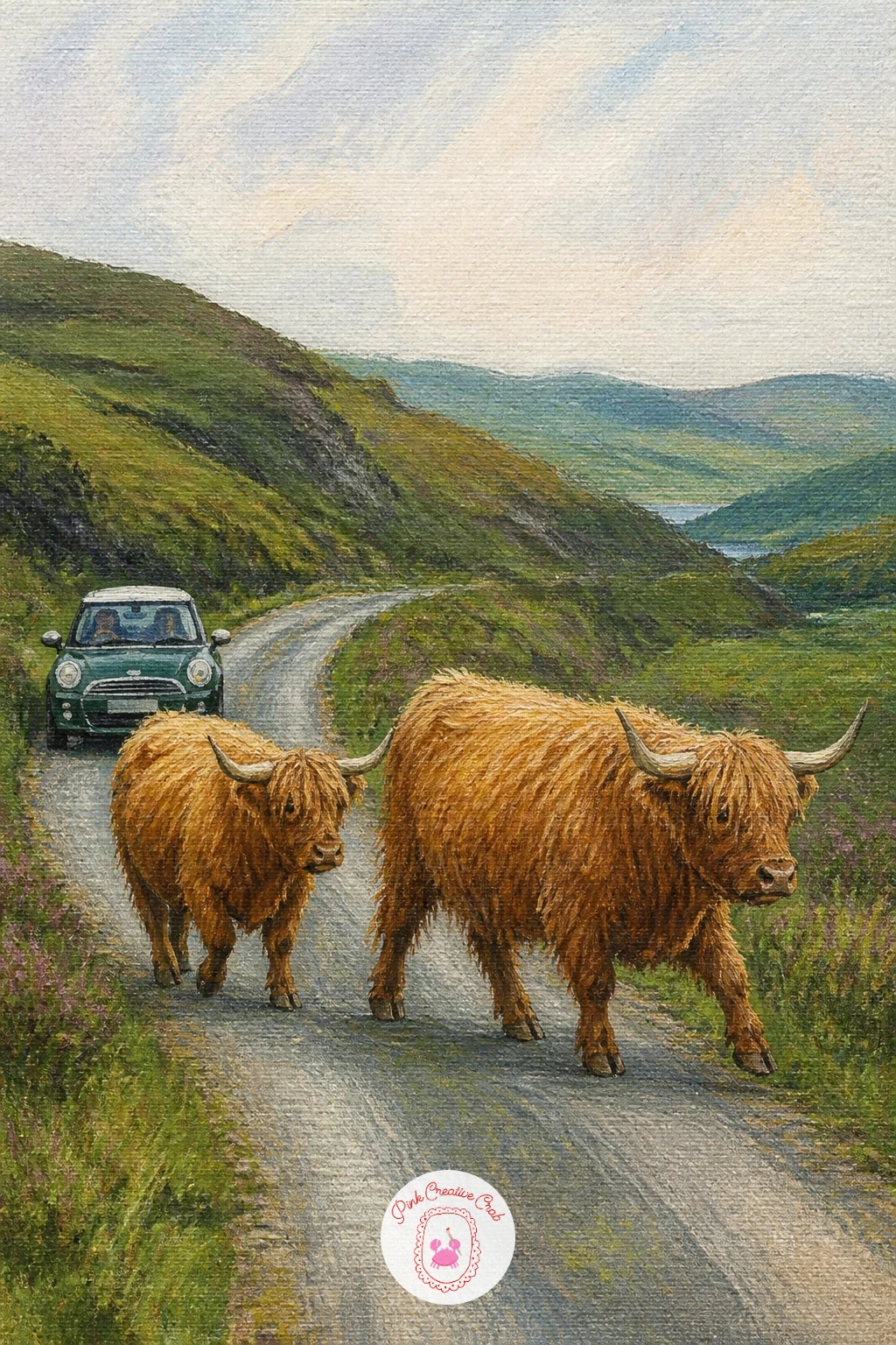 Herd Crossing A Single-Track Road — This busier scene, a herd crossing a single track road while a car waits, is the most involved highland cow idea on the
