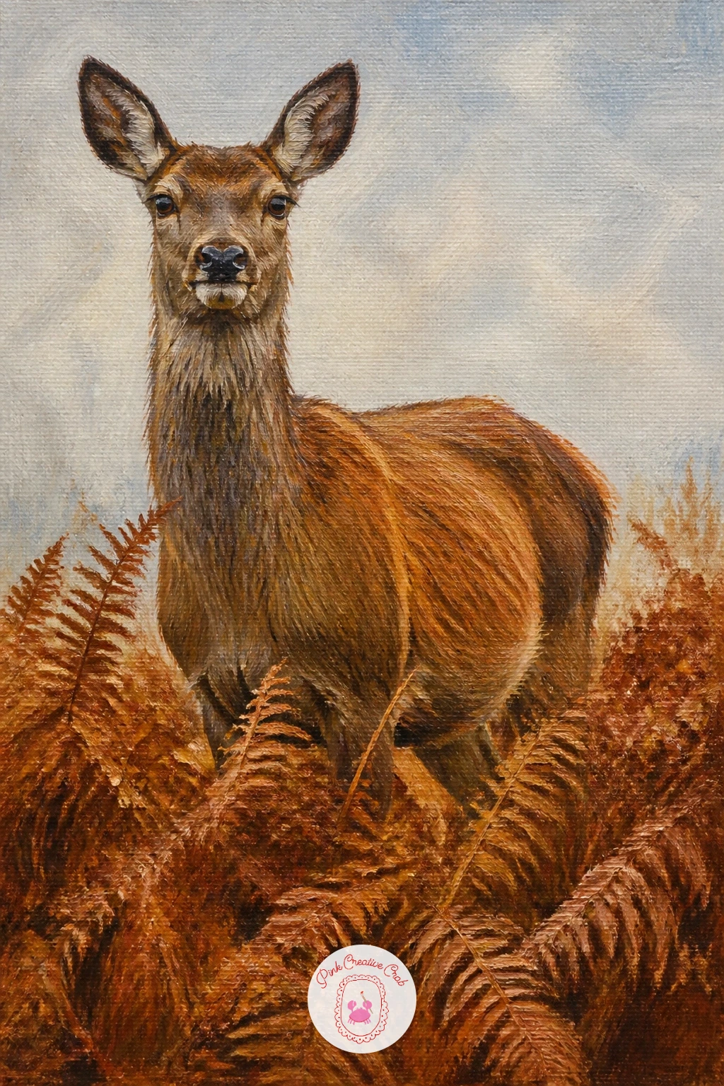 Red Deer Hind In Bracken — Eye level changes everything for a red deer hind in bracken, so decide early whether you are painting her from a low, close angle or