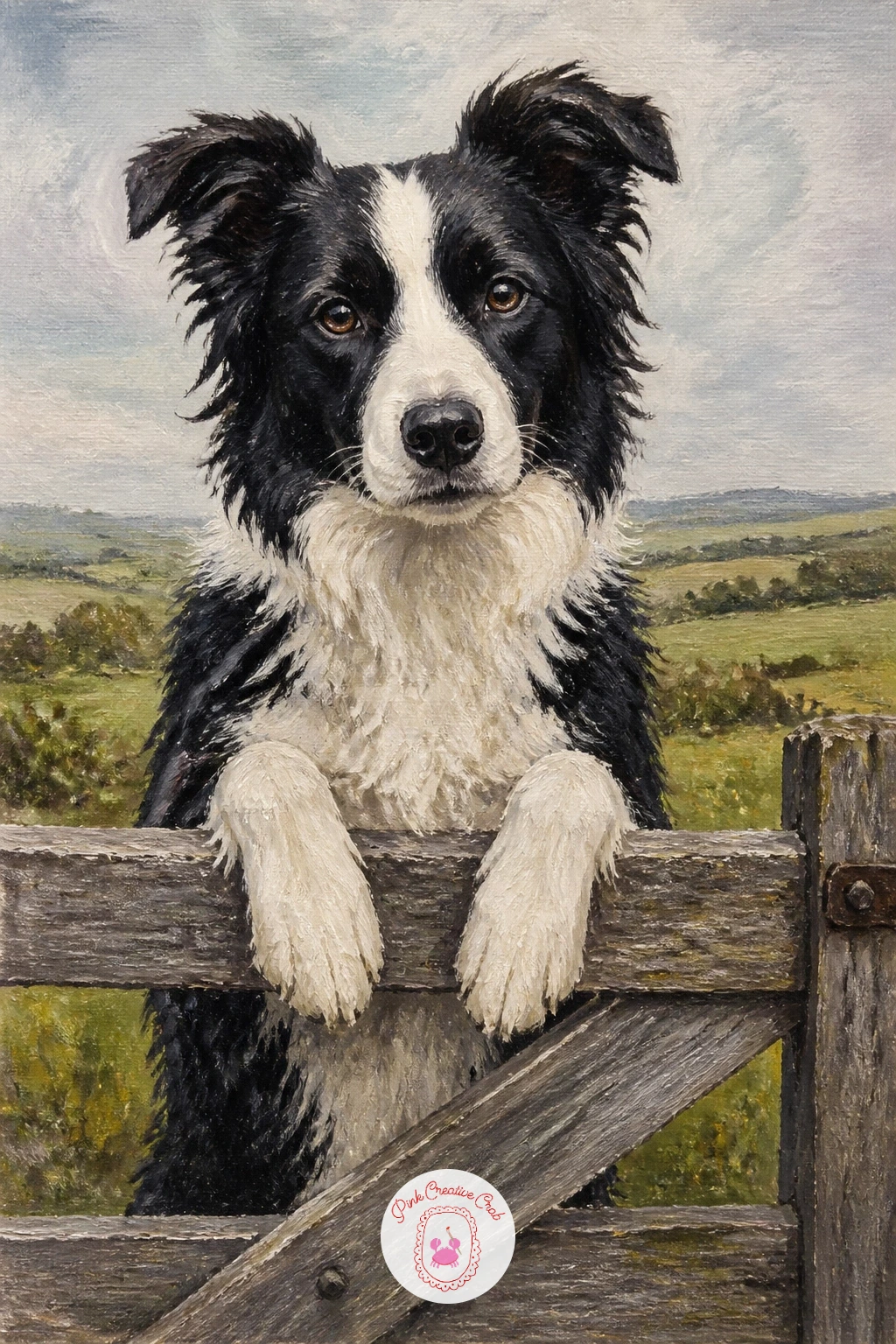 Border Collie On A Farm Gate — Bring the farm back into view with a border collie on a farm gate, resting its front paws on the top rail as collies so often do
