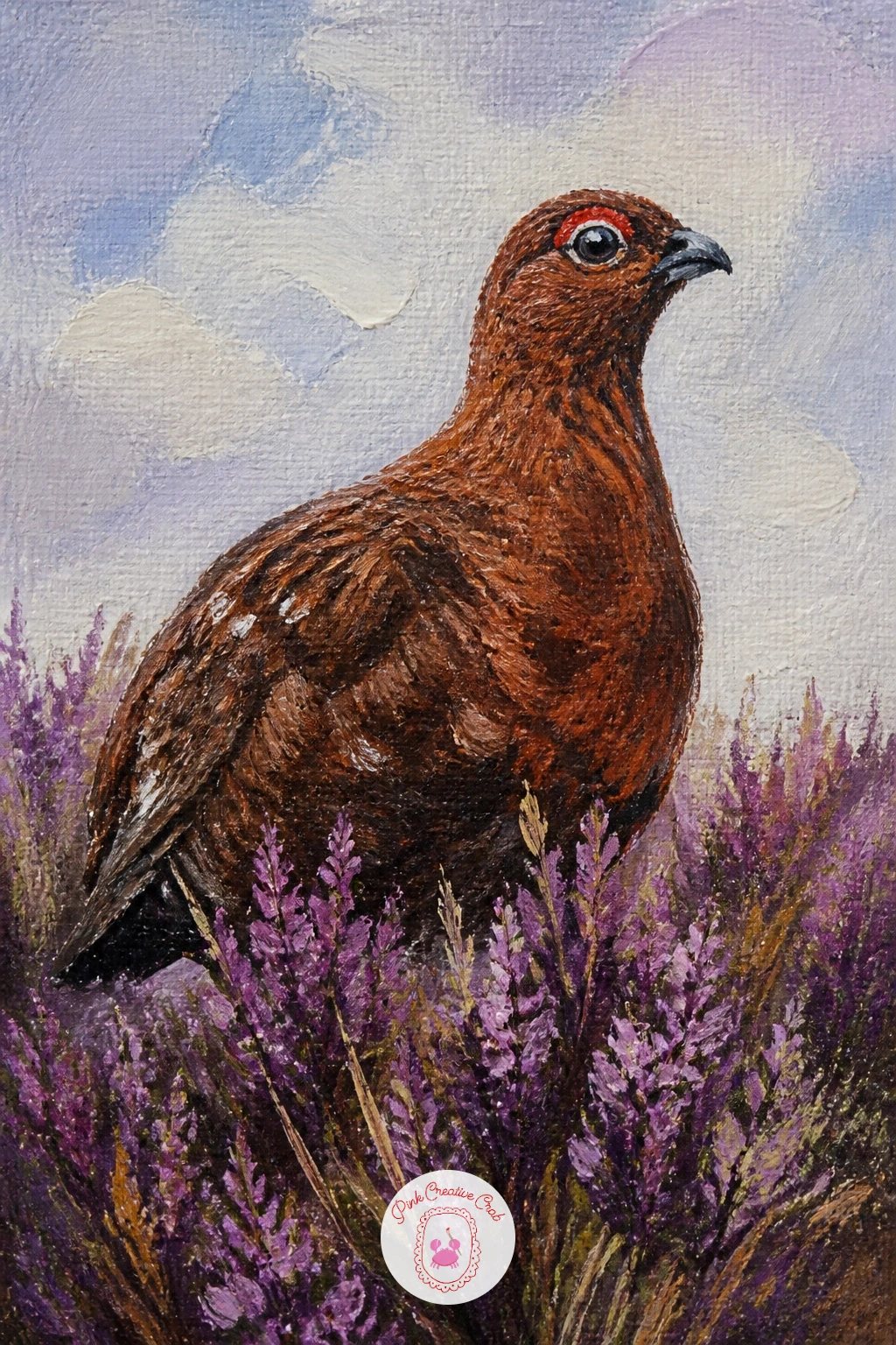 Grouse In The Heather — Low to the ground and round bodied, a grouse in the heather is a forgiving shape to paint, closer to an oval with a small head than
