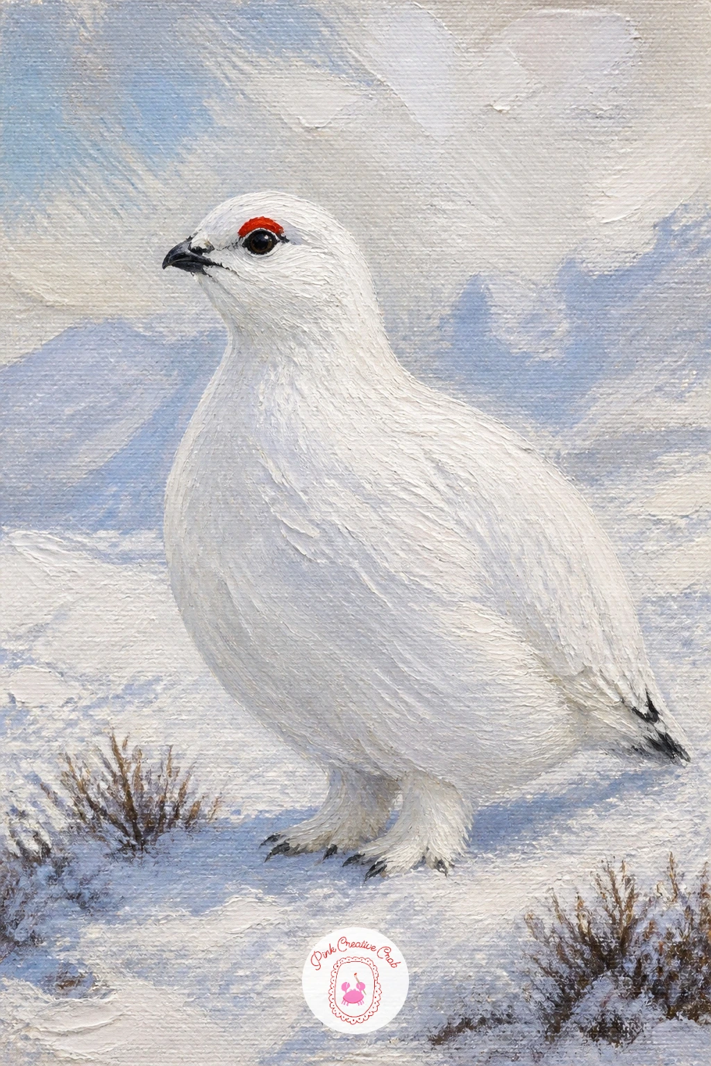 Ptarmigan In Snow — Nearly all white against white, a ptarmigan in snow lives or dies on subtle shadow, so lay a very pale grey blue base across the whole snow