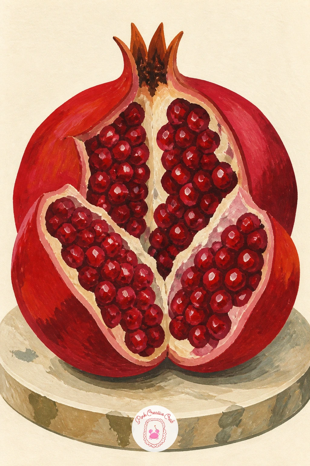 Split Pomegranate With Ruby Seeds — Start with the split pomegranate, the idea that teaches every trick this whole list depends on. Pomegranate painting