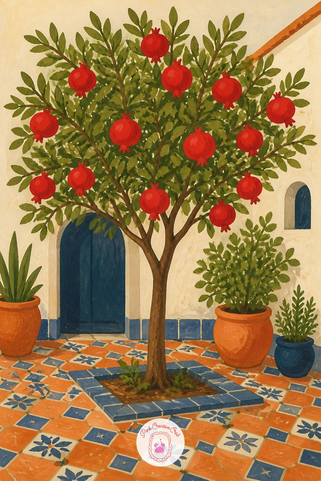 Pomegranate Tree In A Tiled Courtyard — Widen out from the single fruit to a whole pomegranate tree, set against the geometric pattern of a tiled courtyard
