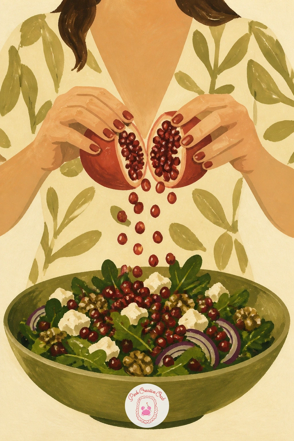 Girl Breaking A Pomegranate Over A Salad — Bring a little story into the painting with a girl's hands breaking a pomegranate open over a bowl of salad.