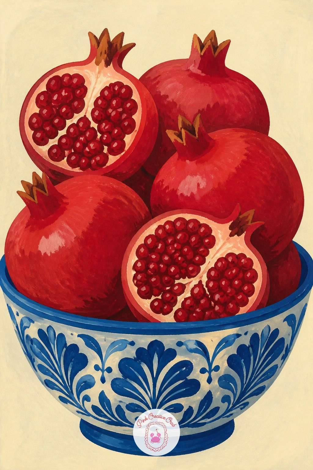 Pomegranates In A Blue And White Bowl — Settle into a calmer still life with pomegranates piled into a blue and white bowl, the kind of classic tabletop