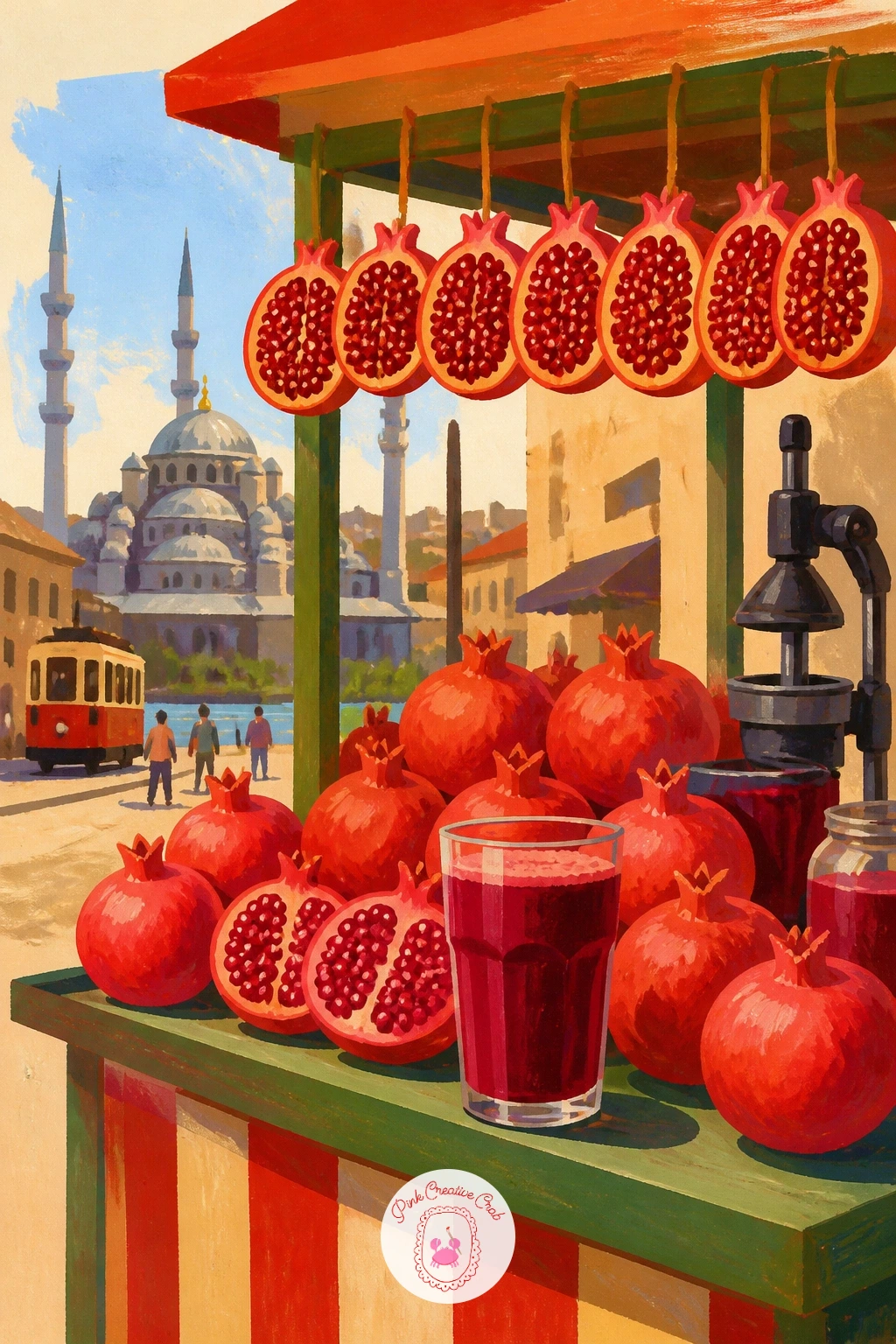 Pomegranate Juice Stand On An Istanbul Street — Turn a single fruit into a whole street scene with a pomegranate juice stand, strings of halved fruit hanging