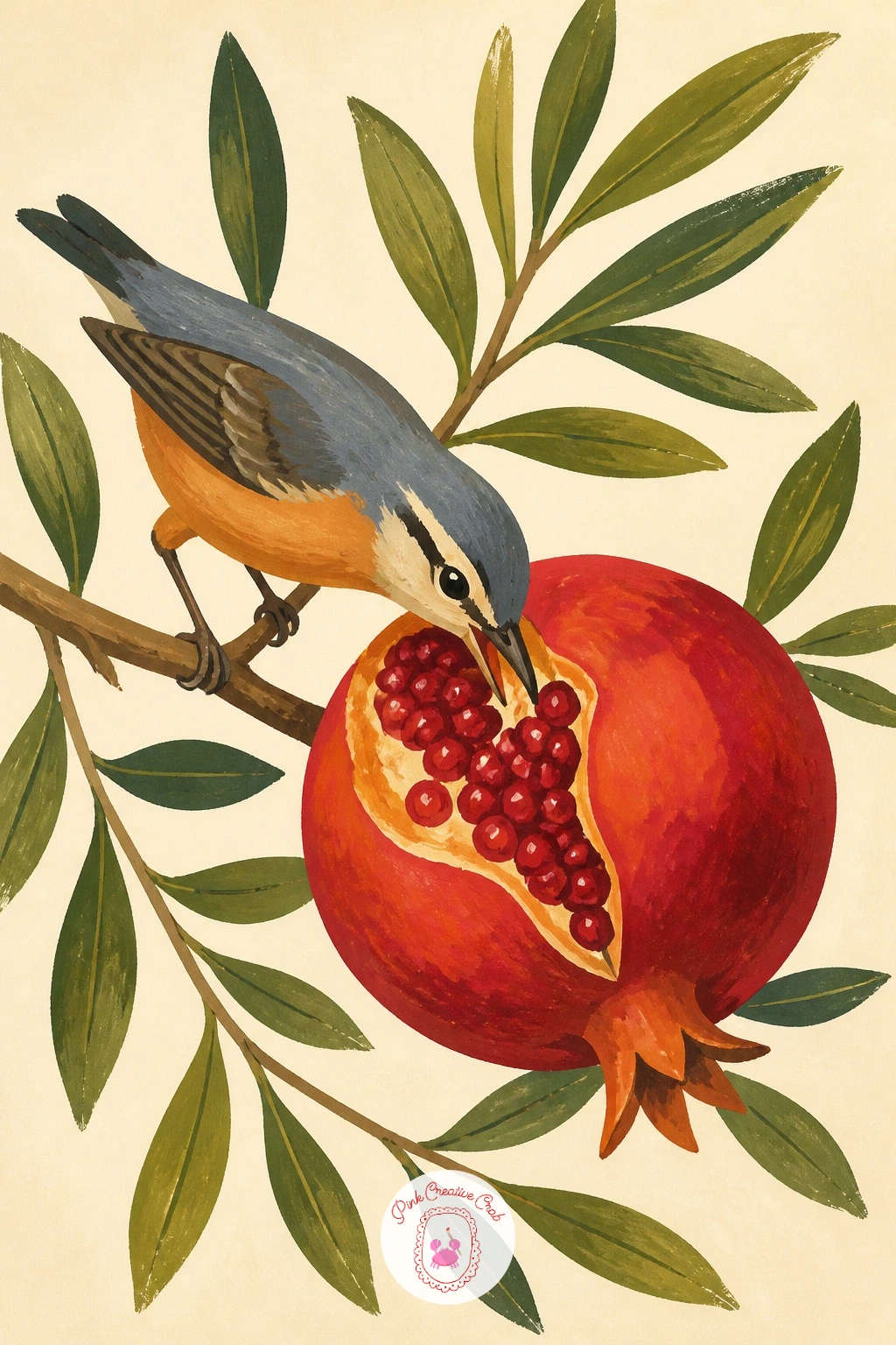 Bird Pecking A Pomegranate On The Branch — Add a little life to the orchard with a bird pecking at a pomegranate still on the branch. Pomegranate painting