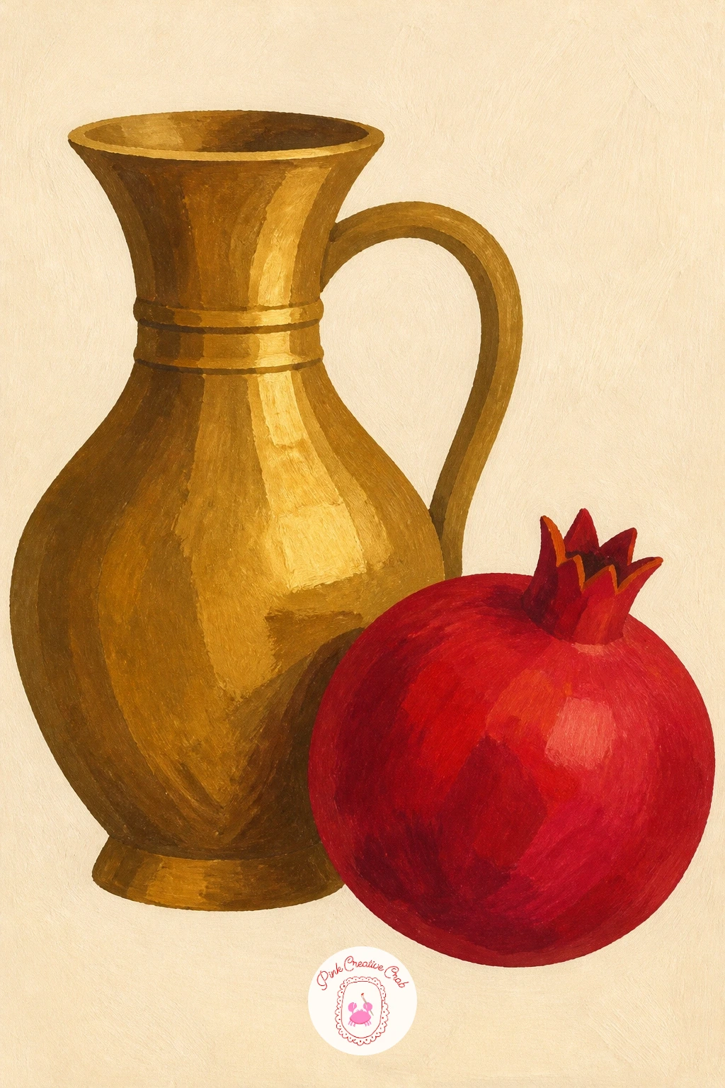 Pomegranate Next To A Brass Jug — Pair a single pomegranate with a brass jug for a quiet, elegant still life built on contrast. Pomegranate painting
