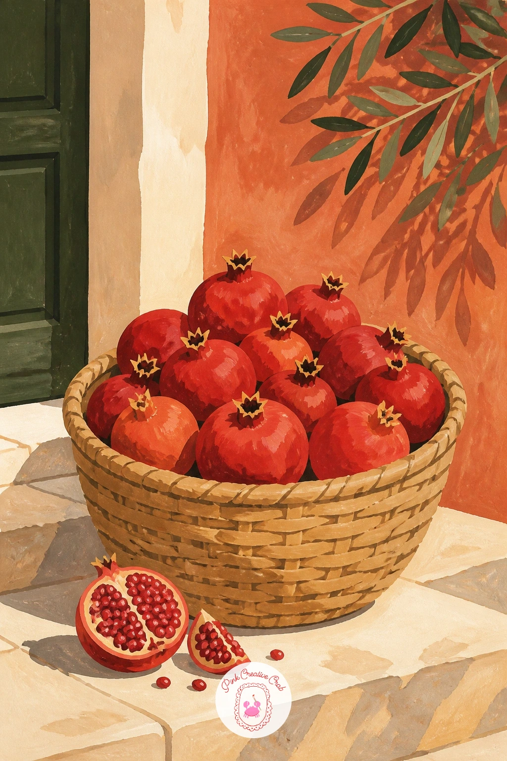 Woven Basket Of Pomegranates At A Doorstep — Close out the pomegranate section with a woven basket full of fruit set right at a doorstep, half in sun and half