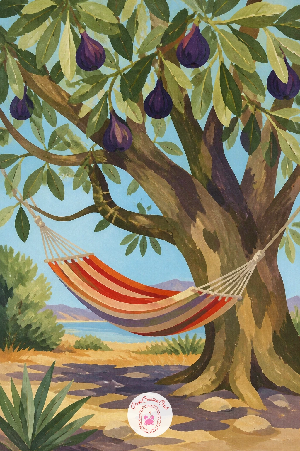 Hammock Under A Fig Tree — Widen the fig theme into a whole scene with a hammock strung under a fig tree, somewhere you can imagine spending a lazy afternoon.