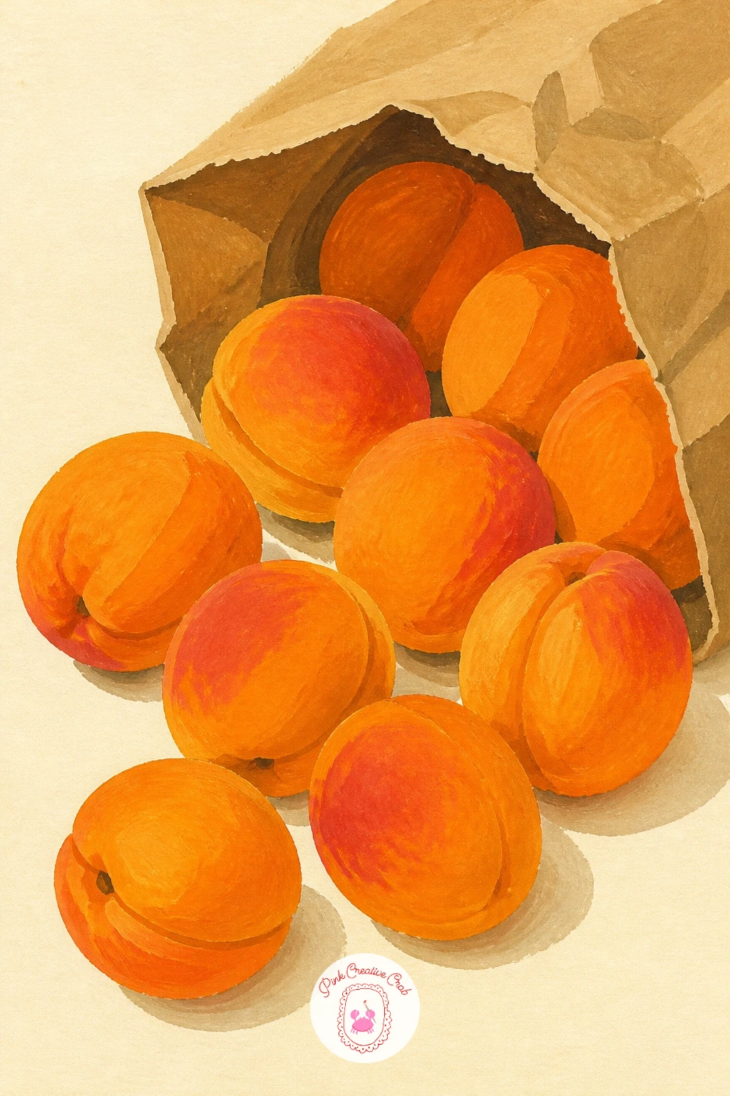 Apricots Spilling From A Paper Bag — Bring in apricots next, tumbling out of a paper bag onto a table as though just carried home from a market. Pomegranate