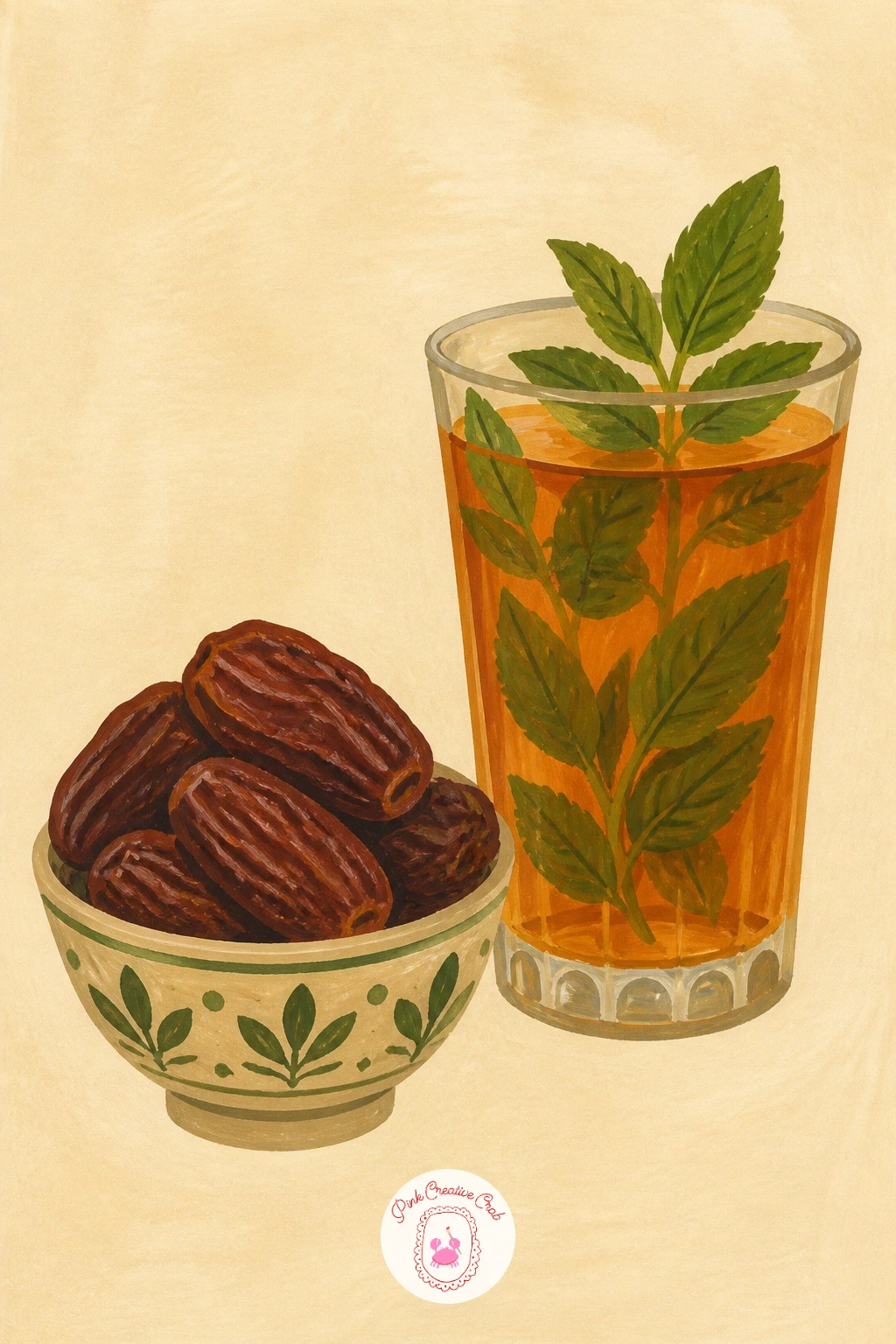 Bowl Of Dates With A Glass Of Mint Tea — Settle into a quieter mood with a bowl of dates beside a glass of mint tea. Pomegranate painting