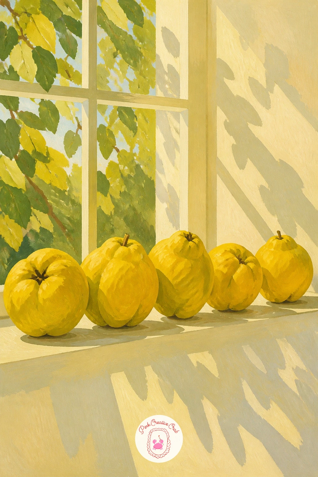Quinces On A Sunny Windowsill — Shift to autumn fruit with a few quinces lined up on a sunny windowsill, their lumpy golden shapes catching the light.