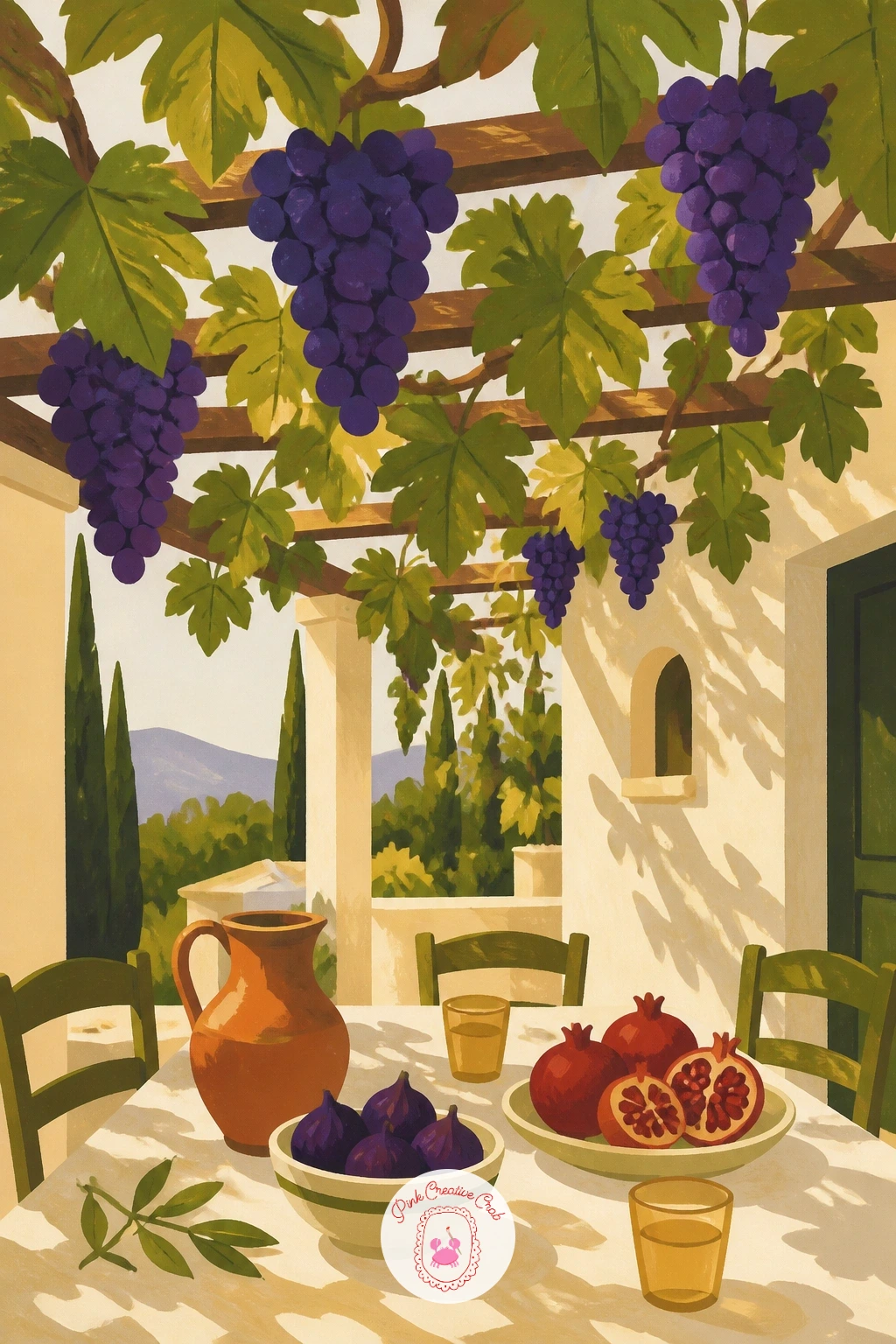Grapes On A Pergola Above A Dinner Table — Look upward for this one, to grapes hanging from a pergola above a sunlit dinner table. Pomegranate painting