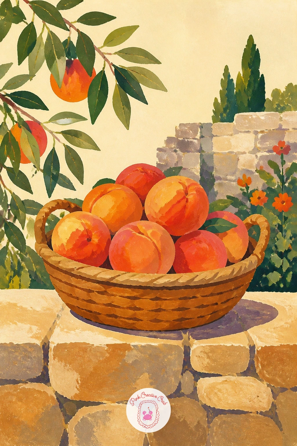Basket Of Peaches On A Garden Wall — Set a basket of peaches on a low garden wall for a warm, simple outdoor still life. Pomegranate painting