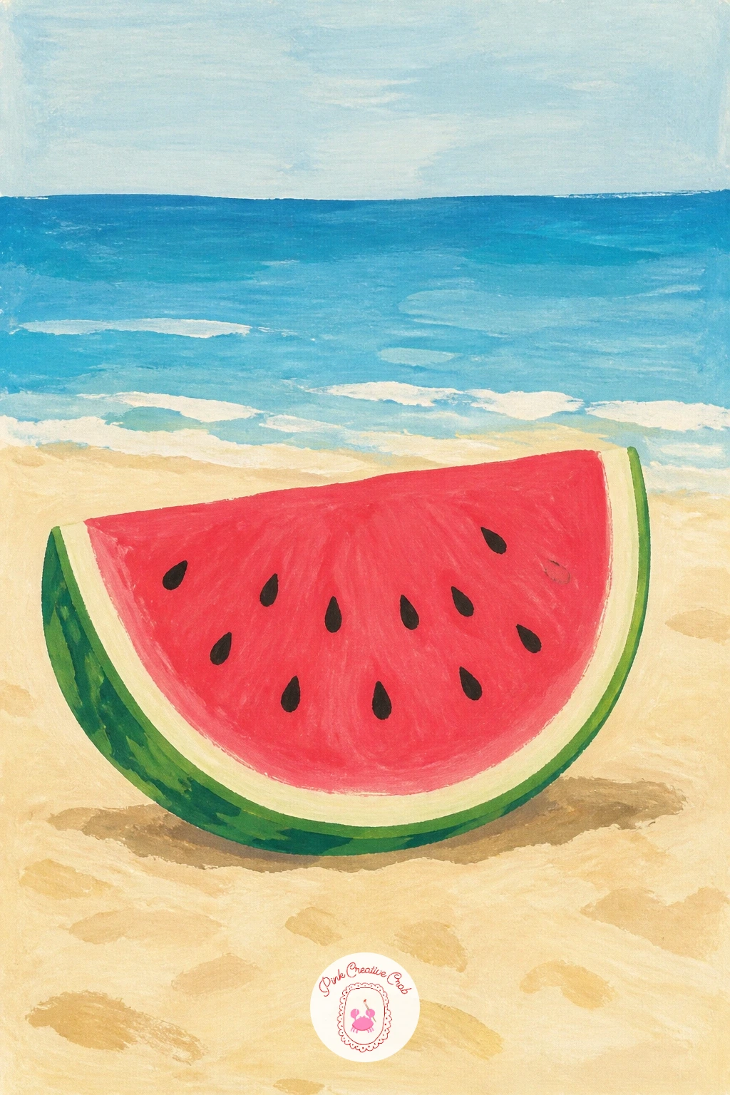 Sliced Watermelon On A Beach — Head to the coast with a slice of watermelon set against sand and sea. Pomegranate painting