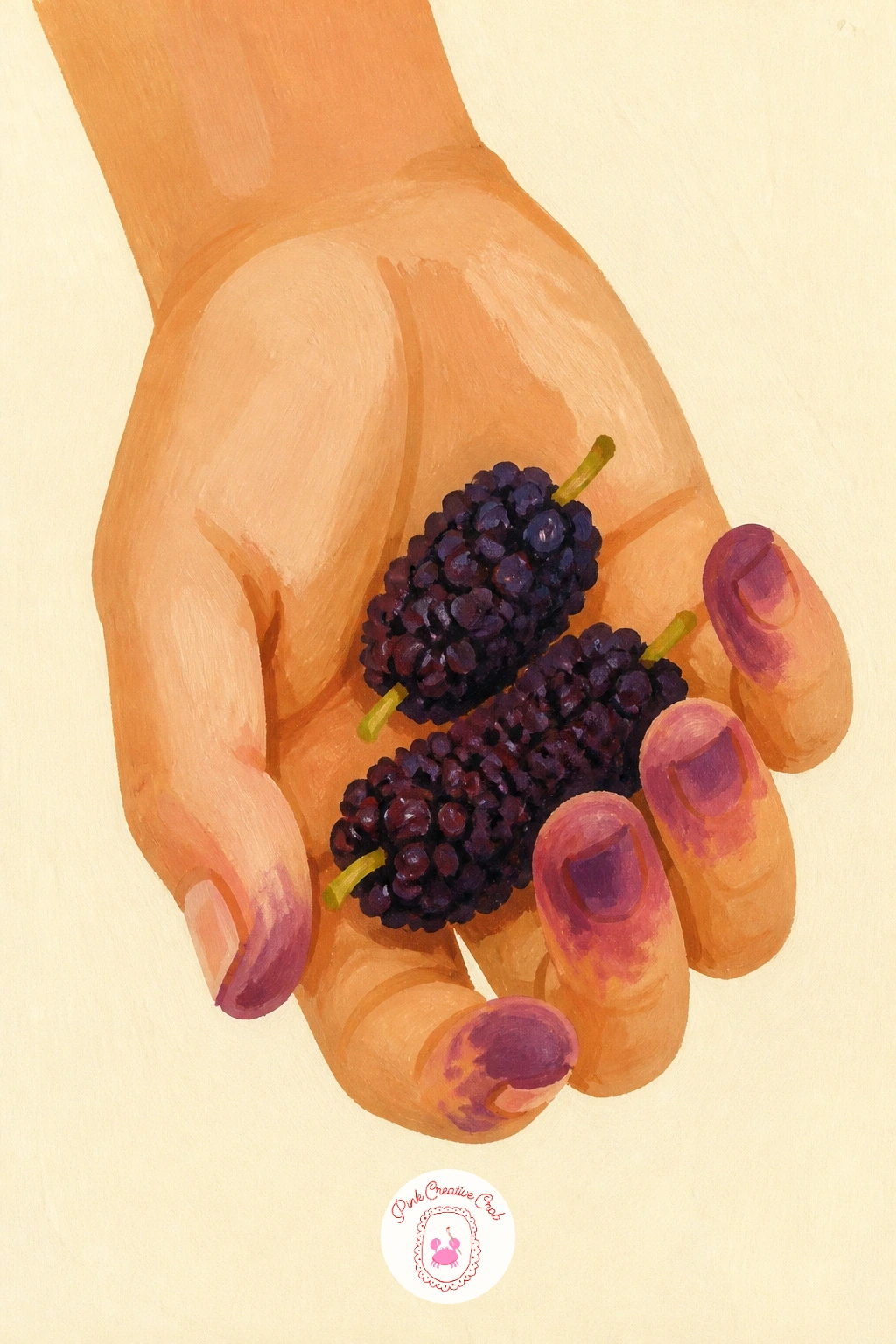 Mulberries Staining A Girl's Fingers — Paint a small, playful moment with mulberries staining a girl's fingers deep purple, a detail anyone who has picked